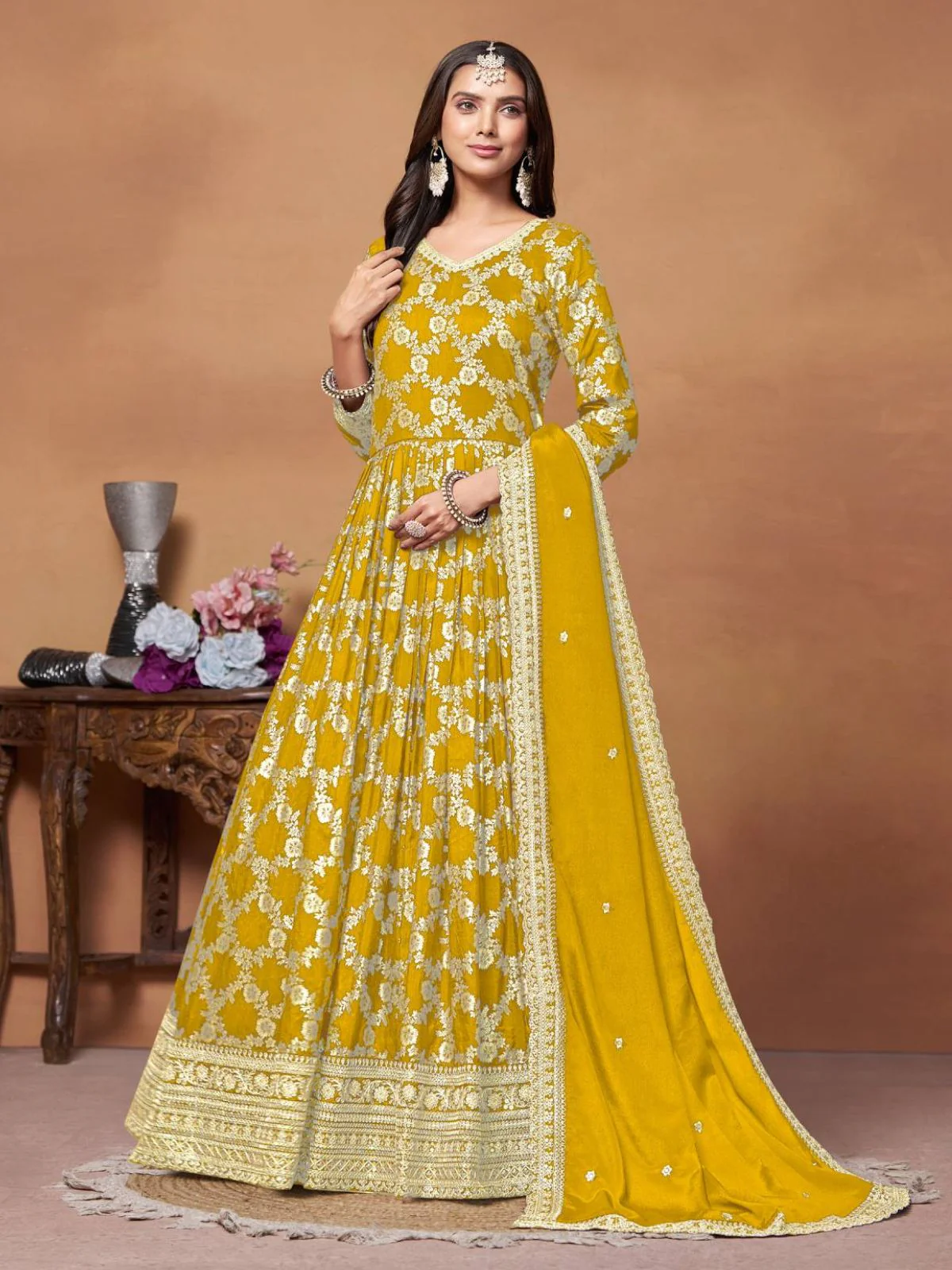 Odette Yellow Silk Blend Foil Print Gown For Women