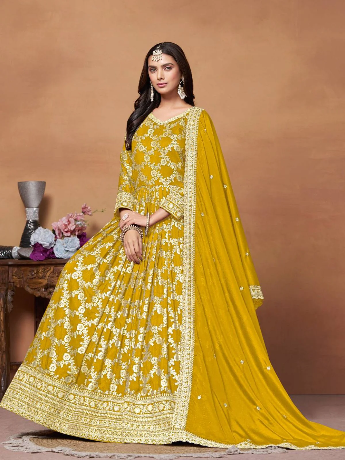 Odette Yellow Silk Blend Foil Print Gown For Women - Image 2