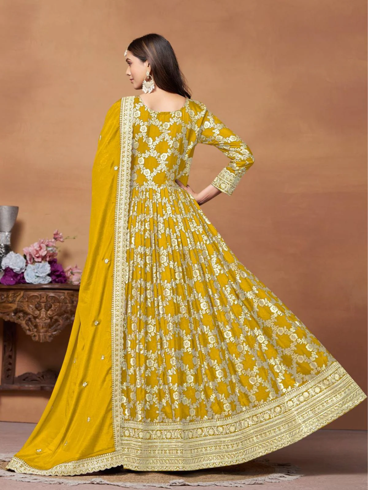 Odette Yellow Silk Blend Foil Print Gown For Women - Image 3