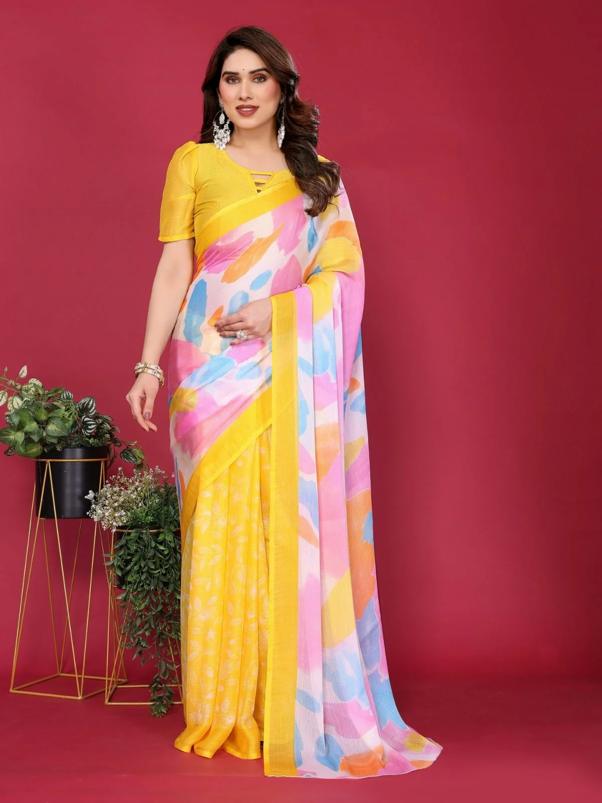 Odette Yellow Silk Blend Printed Saree For Women