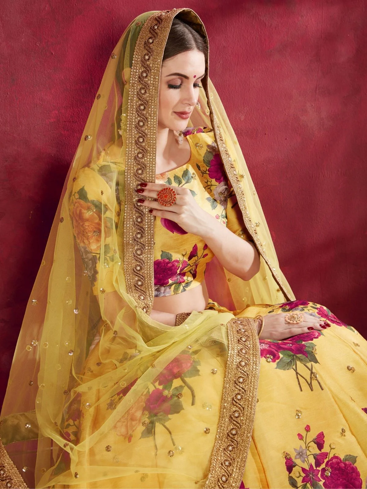 Odette Yellow Silk Blend Printed Semi Stitched Lehenga With Blouse For Women - Image 3