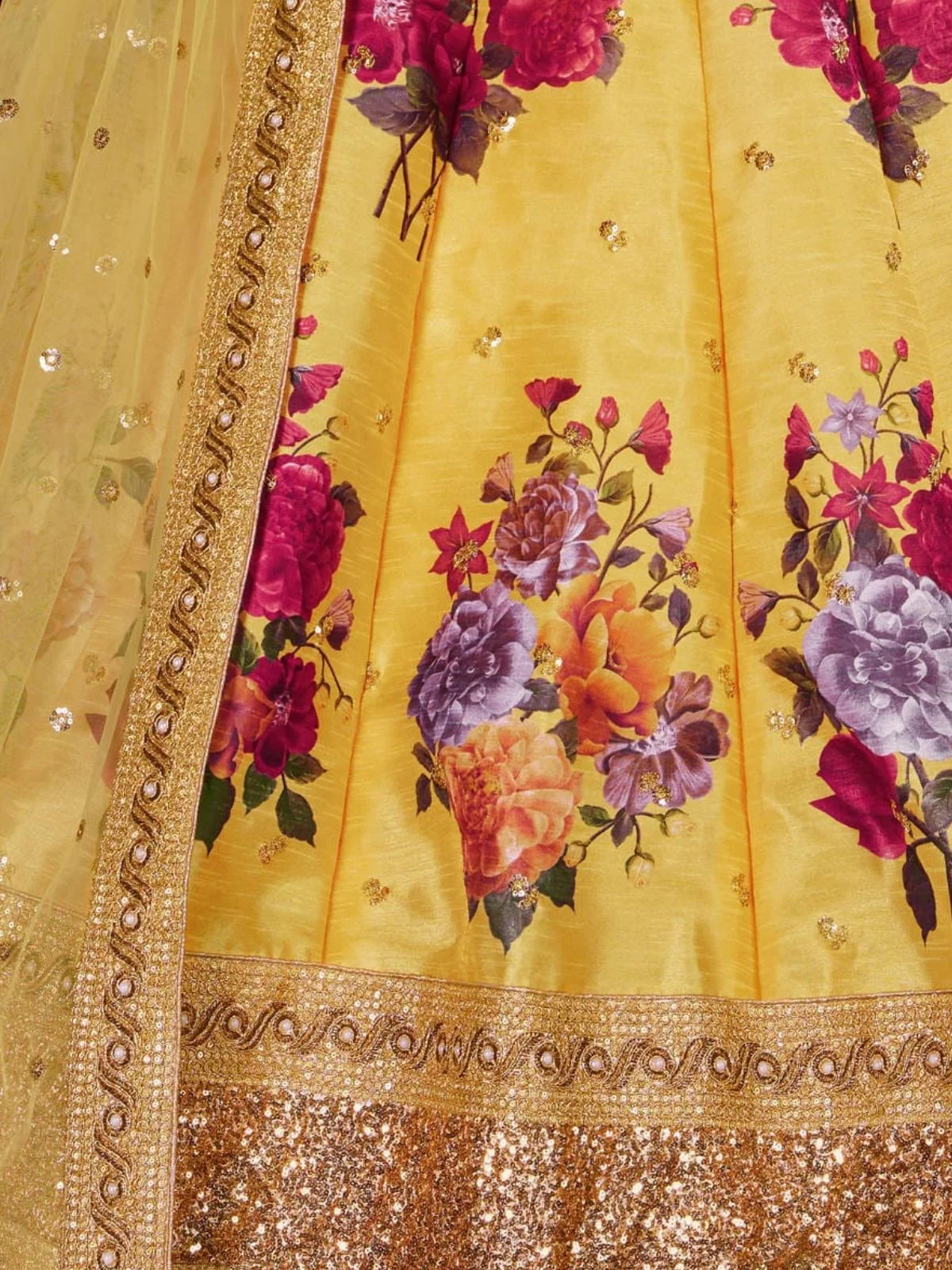 Odette Yellow Silk Blend Printed Semi Stitched Lehenga With Blouse For Women - Image 4
