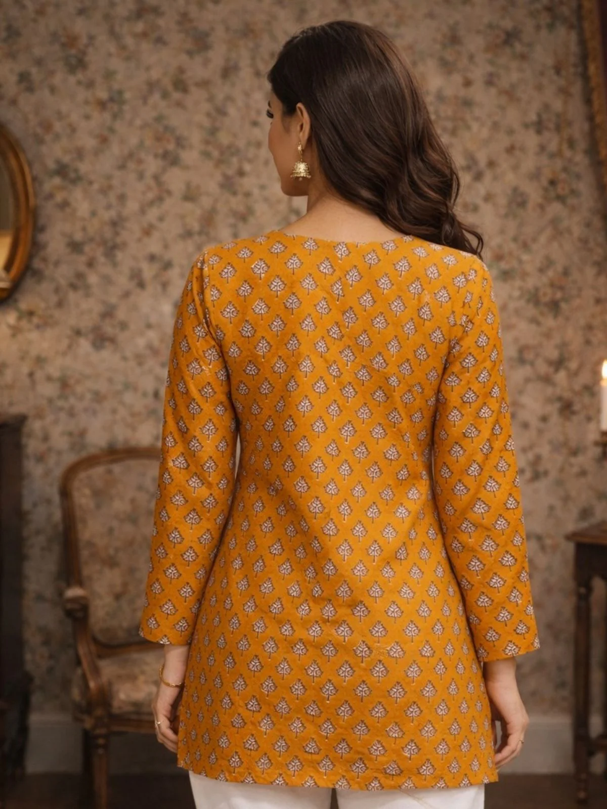 Odette Yellow Silk Blend Printed Solid Kurti For Women - Image 3
