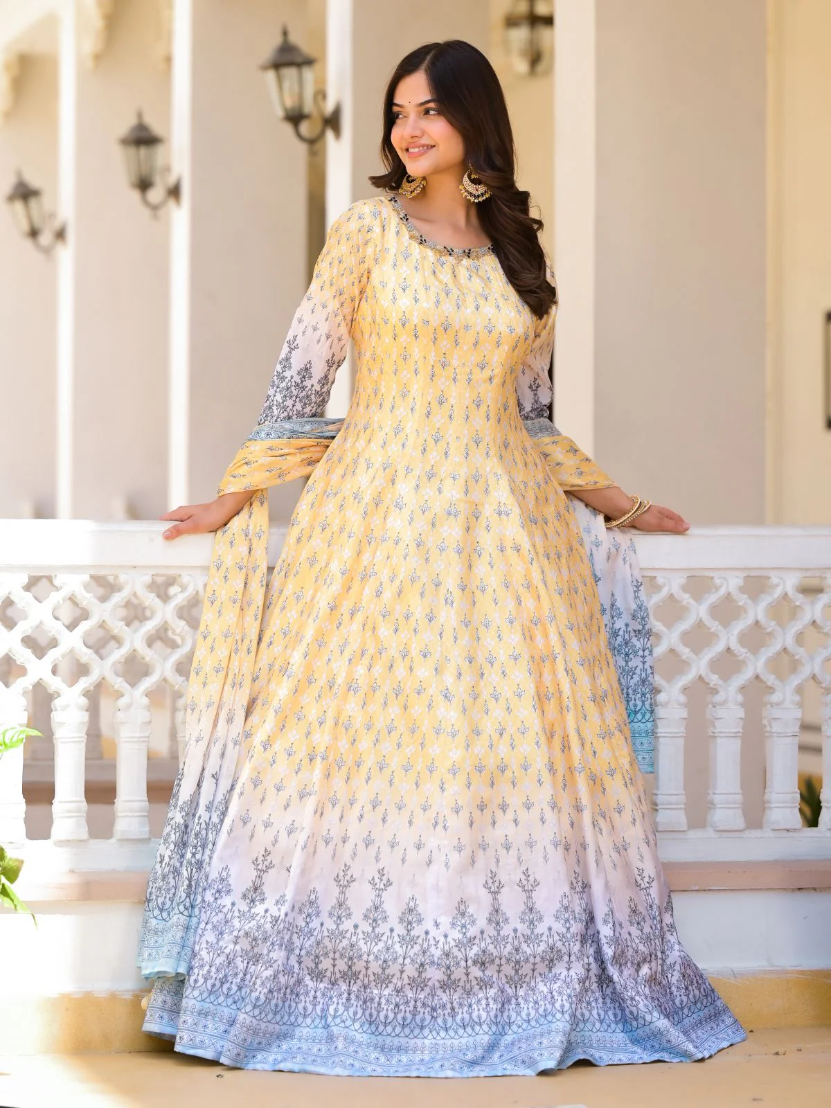 Odette Yellow Silk Blend Printed Stitched Gown For Women - Image 2