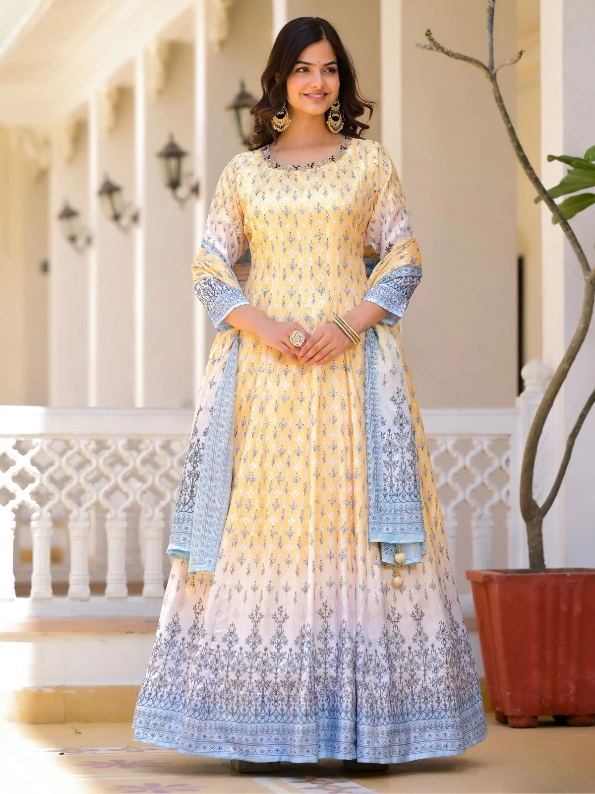 Odette Yellow Silk Blend Printed Stitched Gown For Women - Image 3