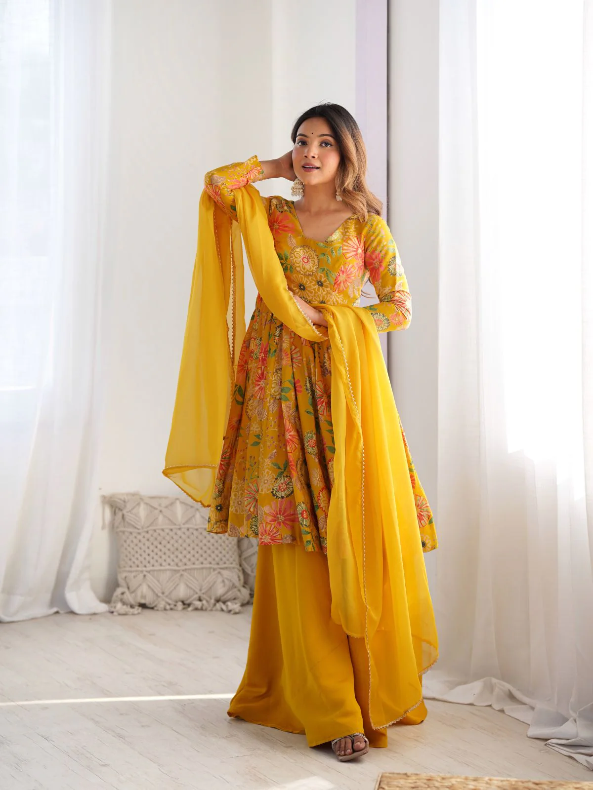 Odette Yellow Silk Blend Printed Stitched Kurta Set For Women