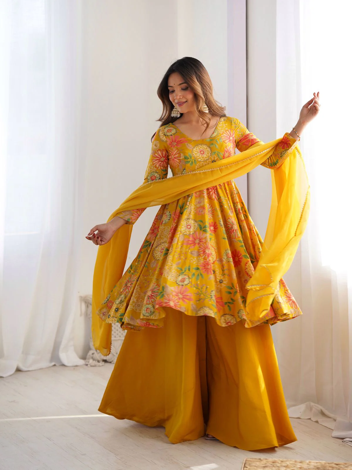 Odette Yellow Silk Blend Printed Stitched Kurta Set For Women - Image 2