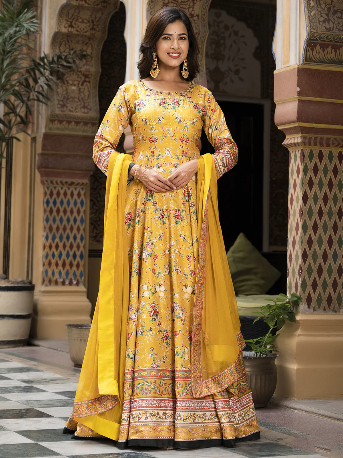 Odette Yellow Silk Stitched Gown with Dupatta For Women - Image 2