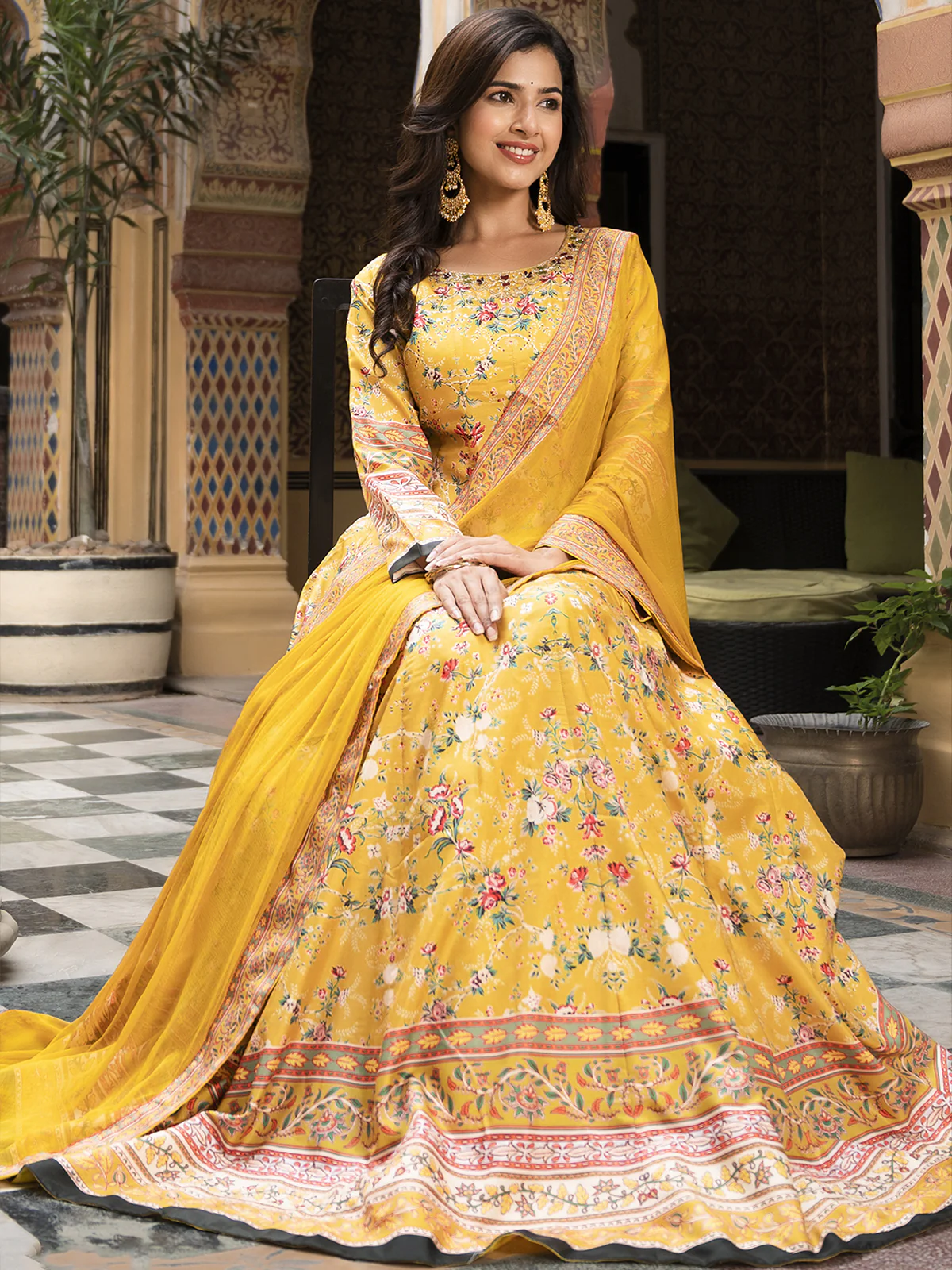 Odette Yellow Silk Stitched Gown with Dupatta For Women - Image 3