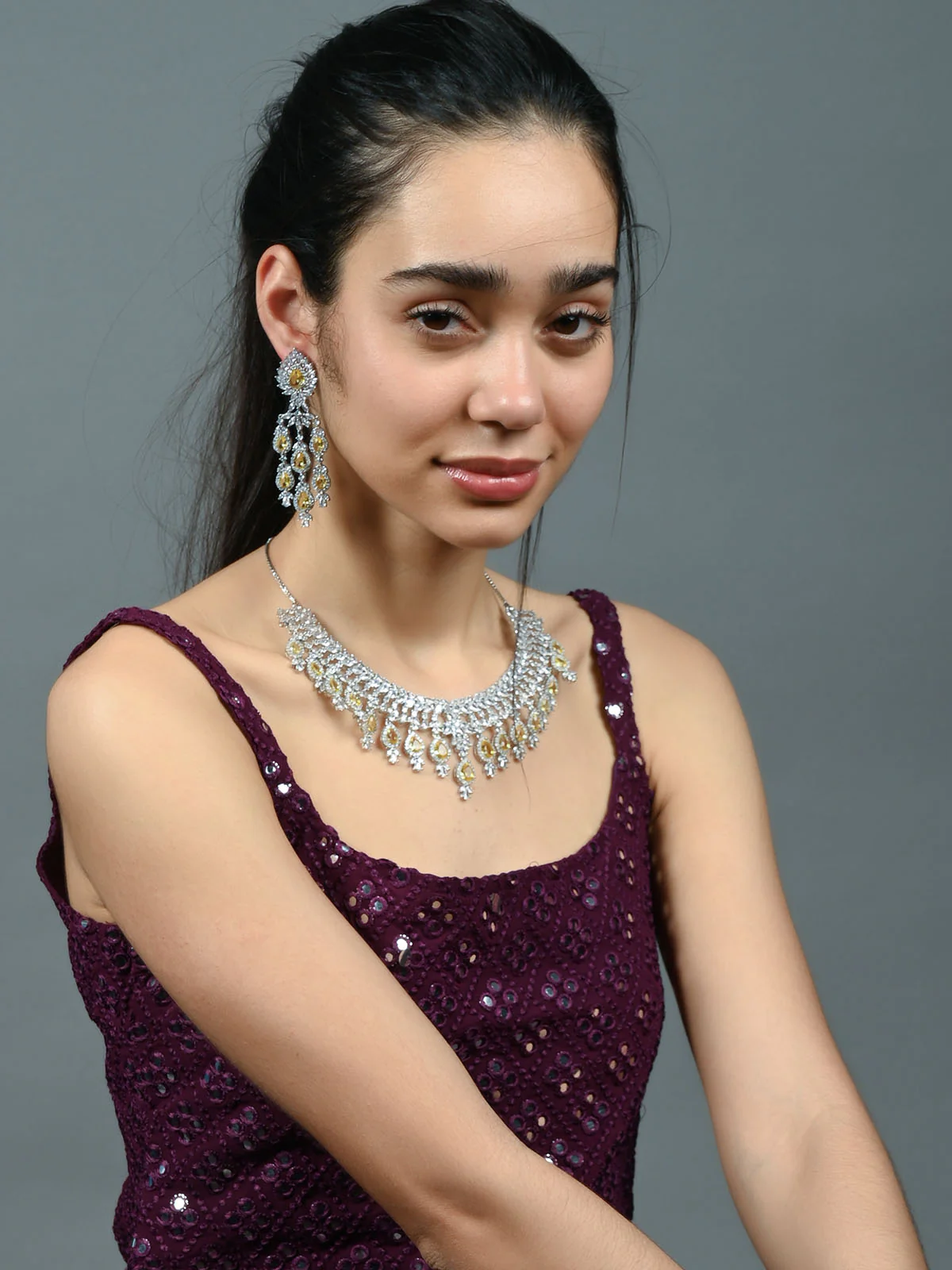 Odette Yellow & Silver Alloy Embellished Jewellery Set For Women - Image 2