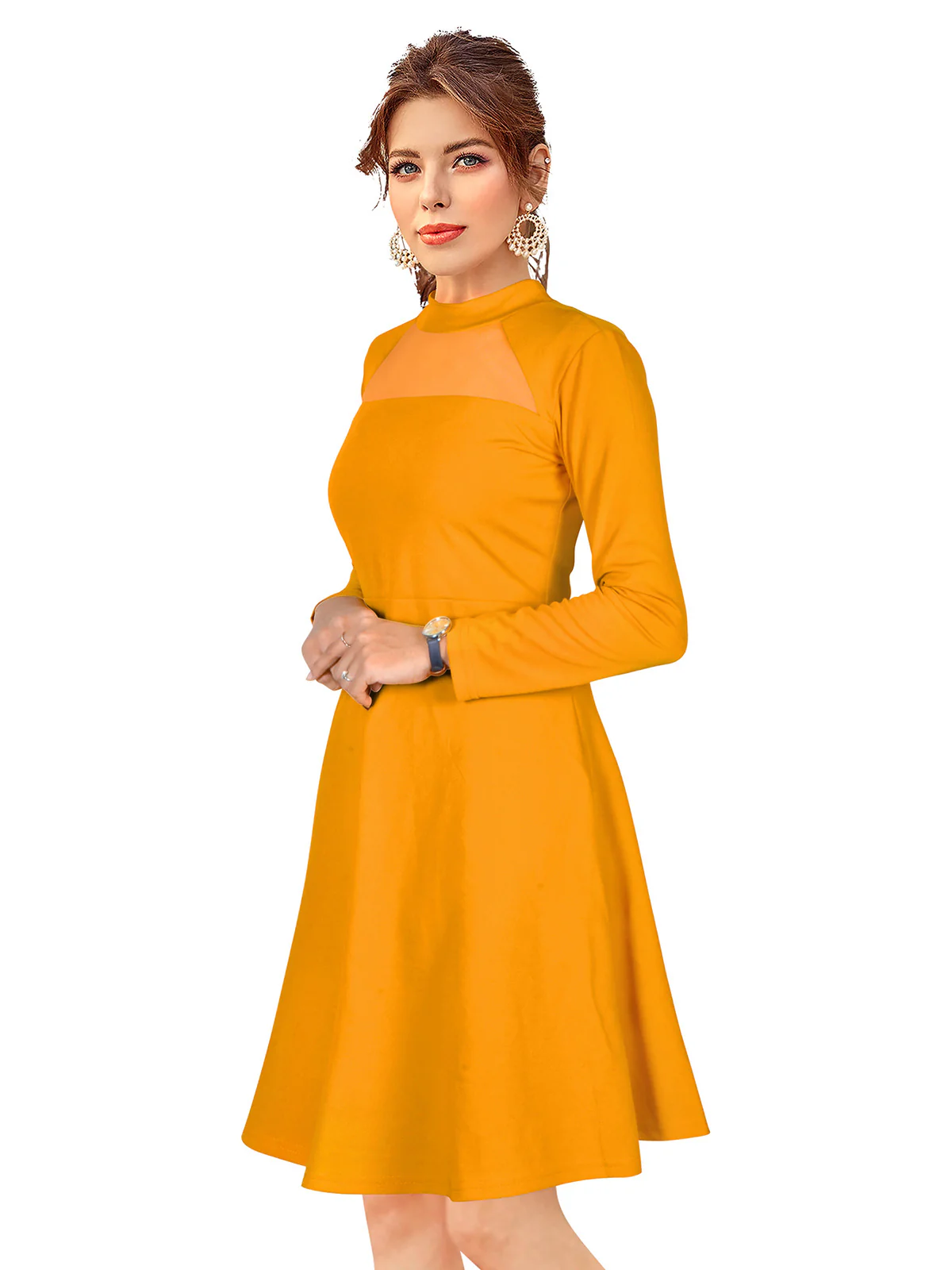 Odette Yellow Skater Knit Fabric  Dress For Women - Image 3