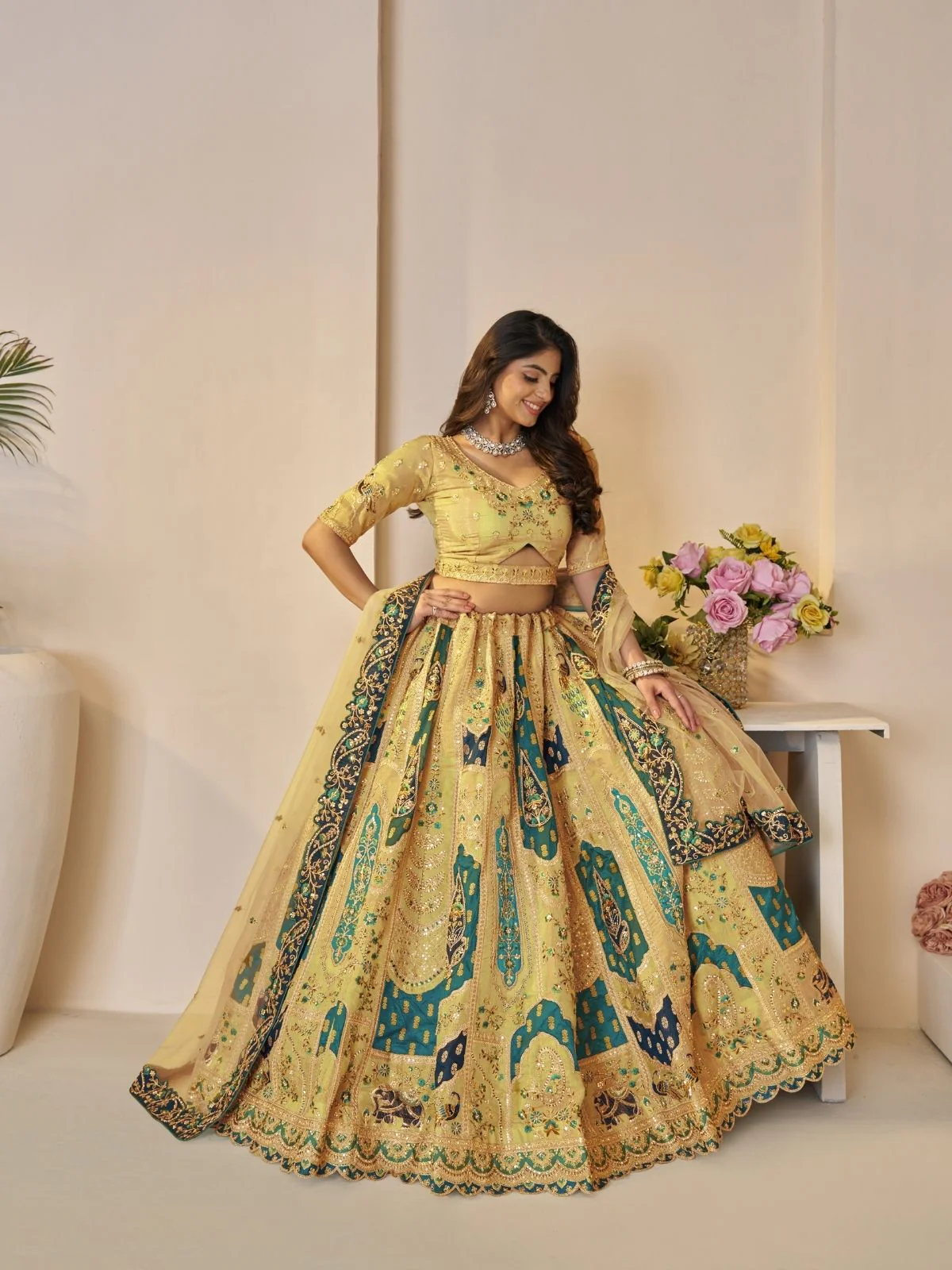 Odette Yellow Soft Net Embroidered Semi-Stitched Lehenga For Women - Image 2