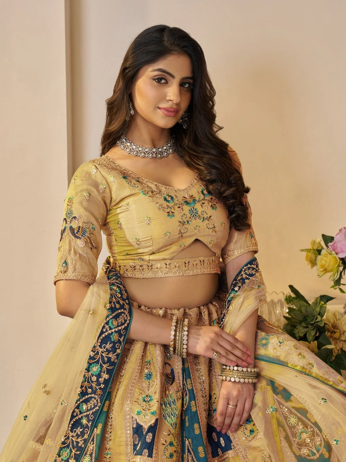 Odette Yellow Soft Net Embroidered Semi-Stitched Lehenga For Women - Image 3
