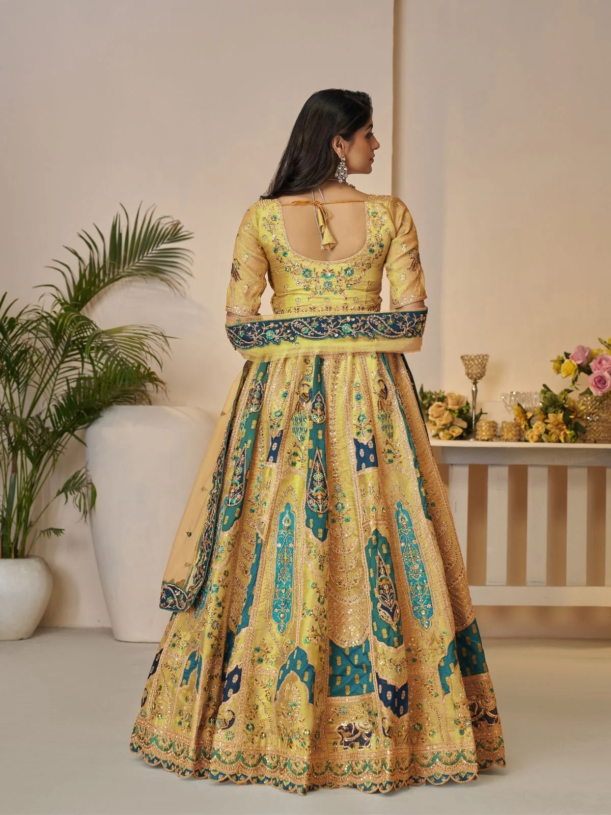 Odette Yellow Soft Net Embroidered Semi-Stitched Lehenga For Women - Image 4
