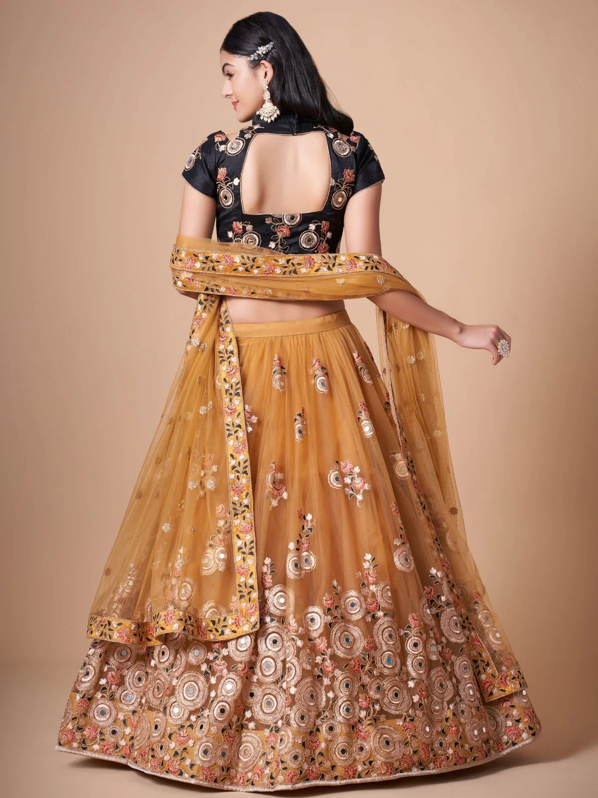 Odette Yellow Soft Net Embroidered Semi Stitched Lehenga With Blouse For Women - Image 3