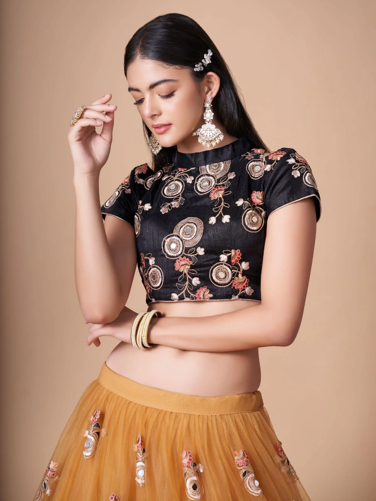 Odette Yellow Soft Net Embroidered Semi Stitched Lehenga With Blouse For Women - Image 4