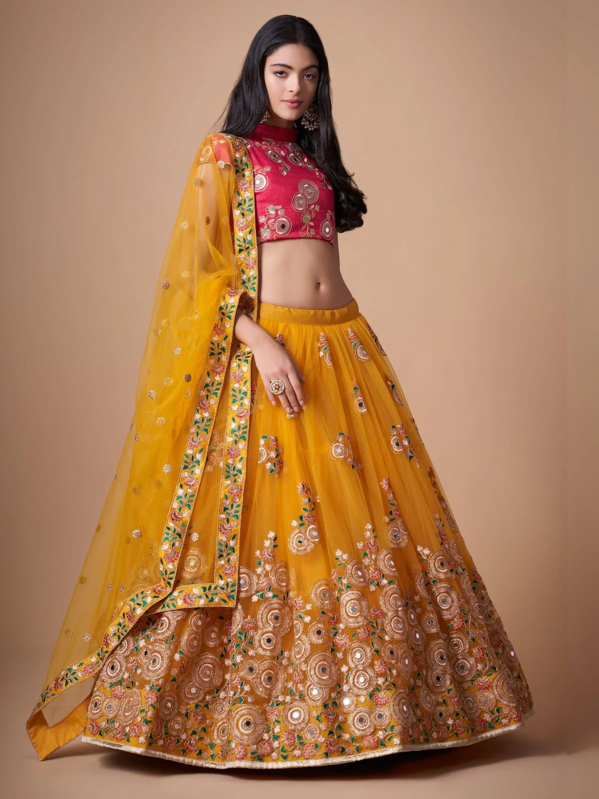 Odette Yellow Soft Net Embroidered Semi Stitched Lehenga With Blouse For Women - Image 2