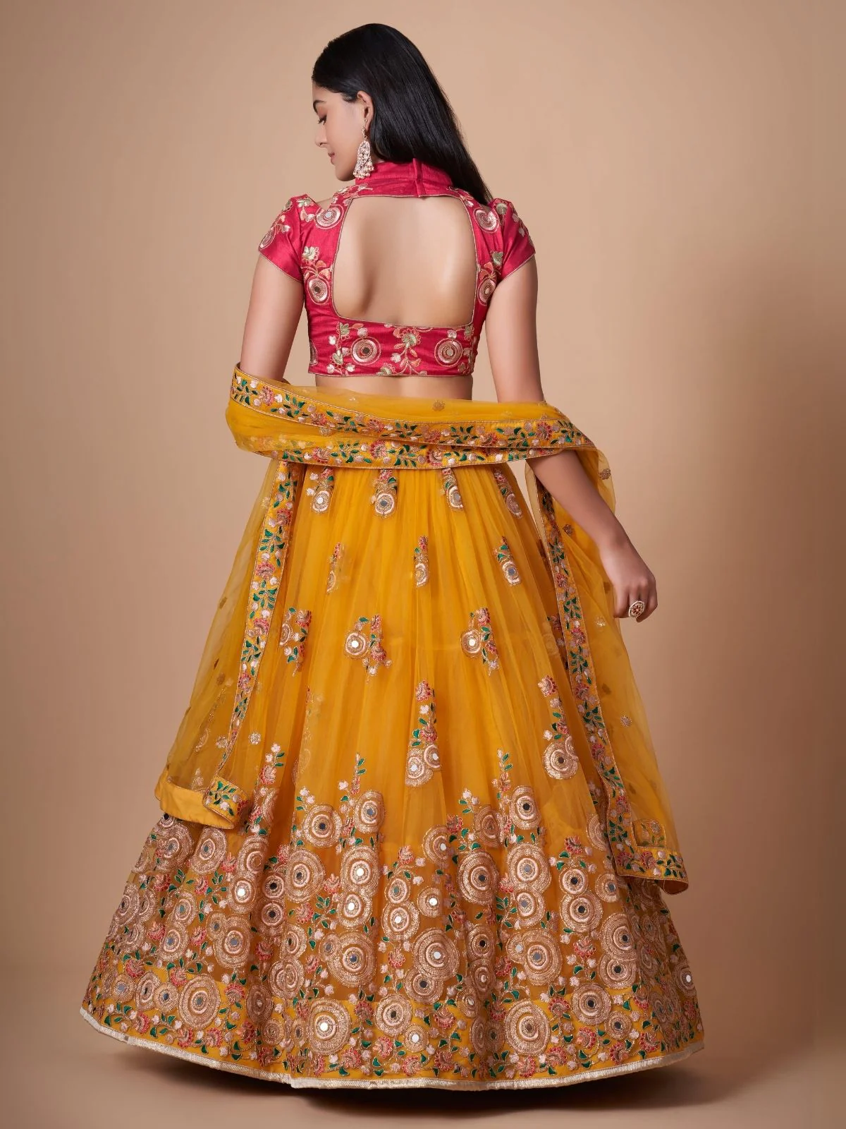 Odette Yellow Soft Net Embroidered Semi Stitched Lehenga With Blouse For Women - Image 3