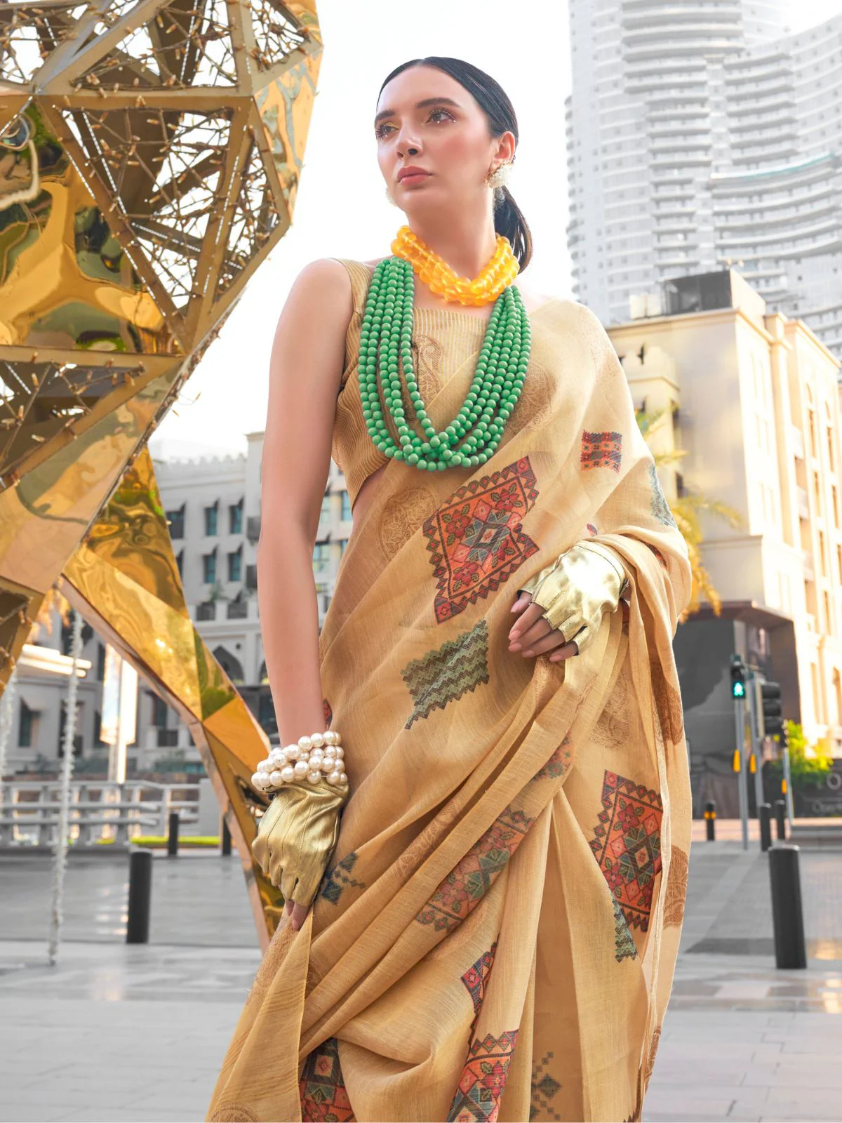 Odette Yellow Tissue Printed Saree With Unstitched Blouse For Women - Image 2