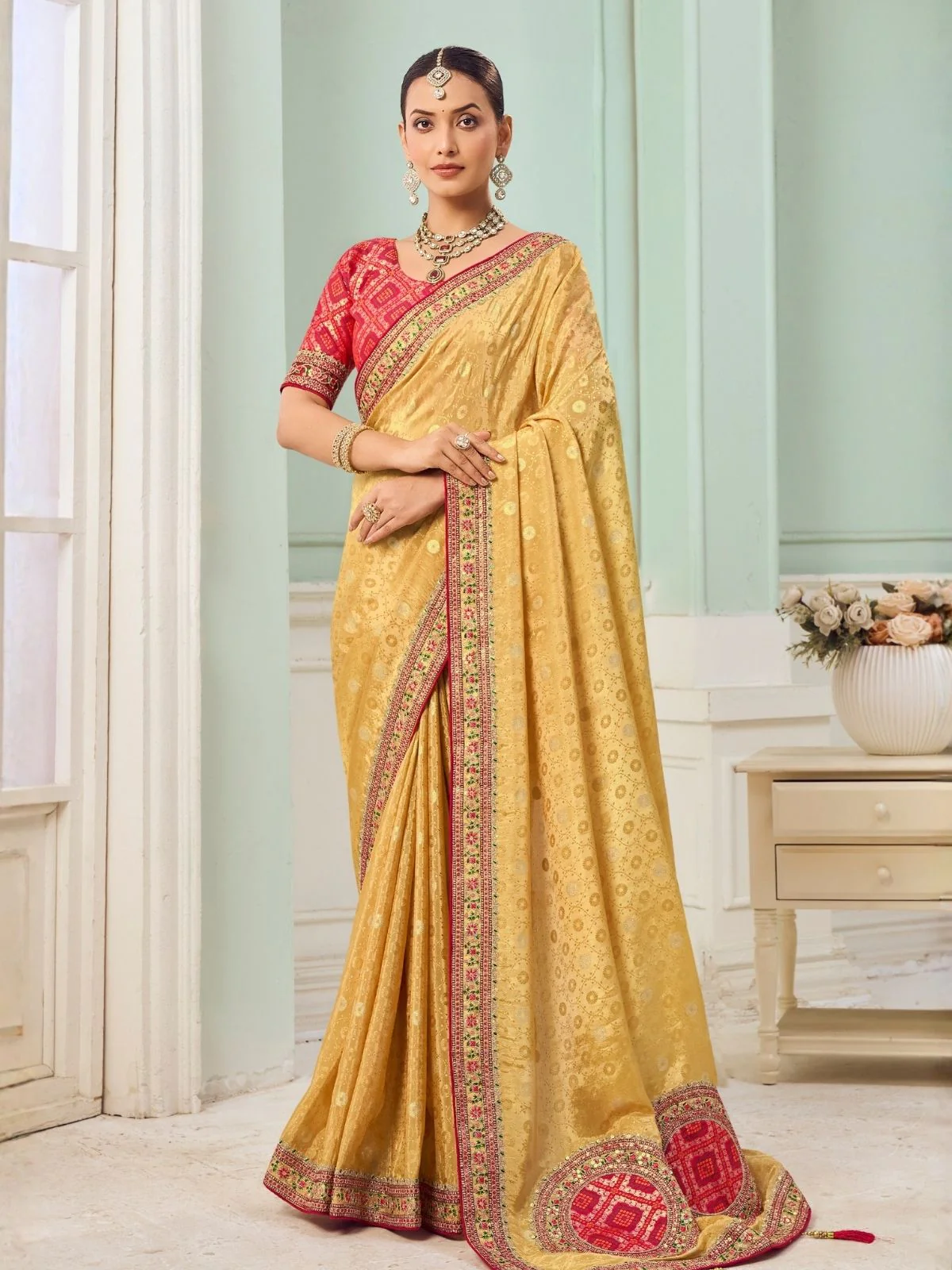 Odette Yellow Viscose Embroidered Saree For Women