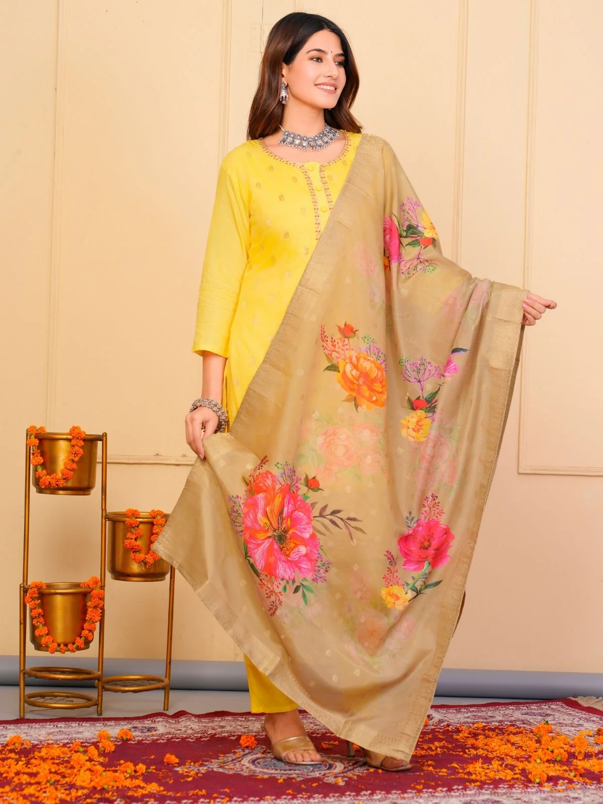 Odette Yellow Viscose Embroidered Stitched Kurta Set For Women - Image 3