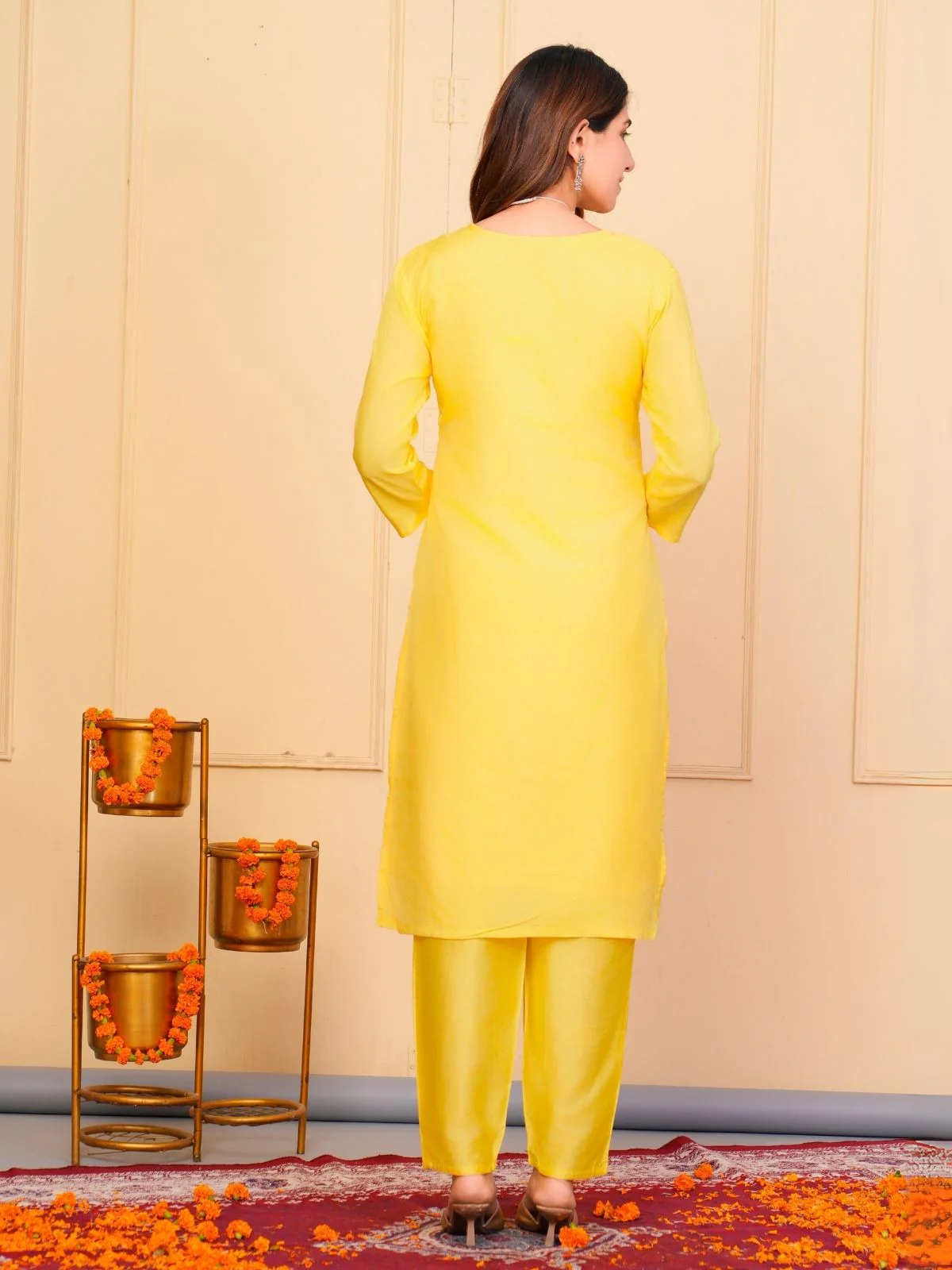 Odette Yellow Viscose Embroidered Stitched Kurta Set For Women - Image 4