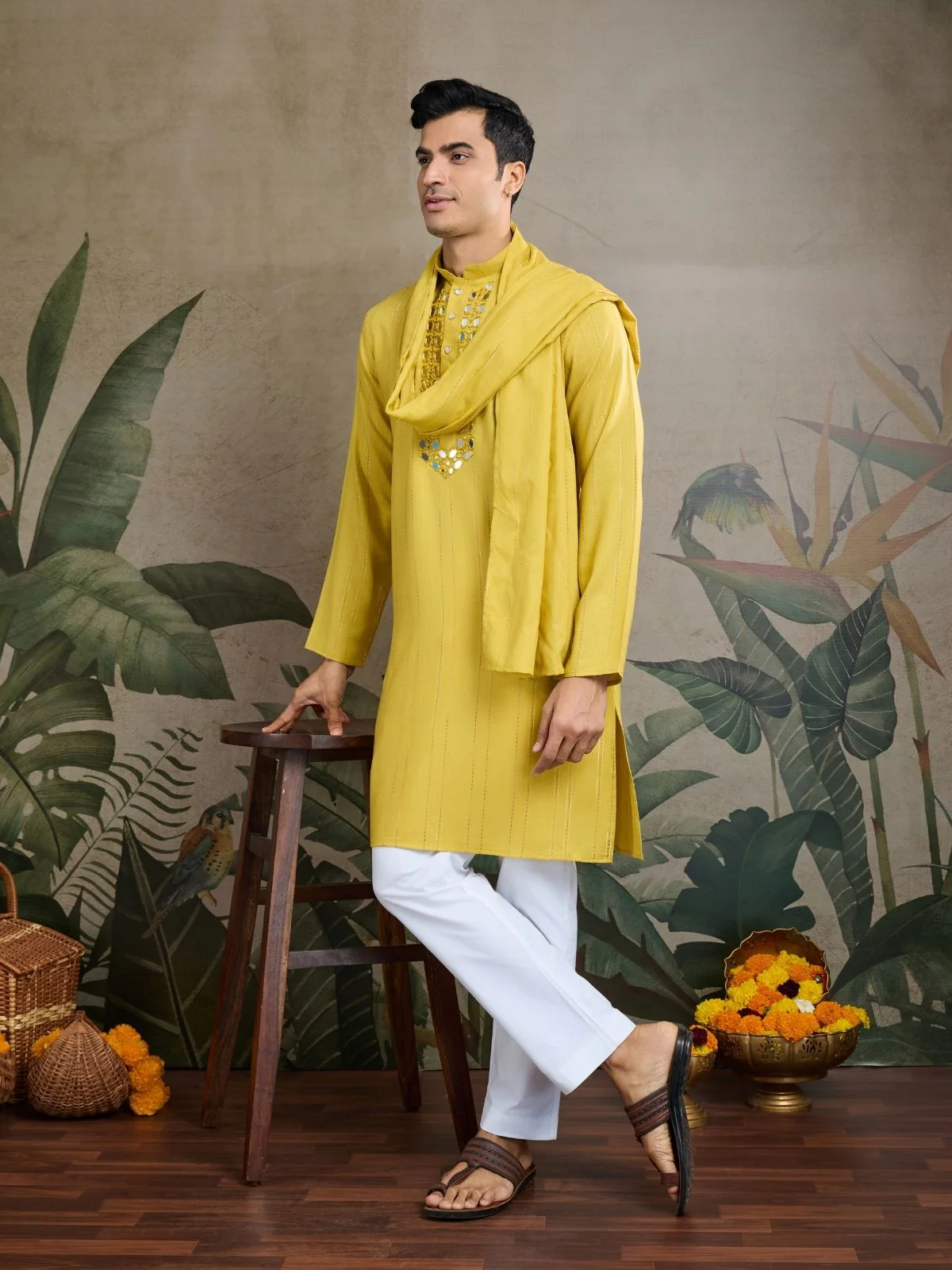 Odette Yellow Viscose Silk Embellished Stitched Kurta For Men - Image 2
