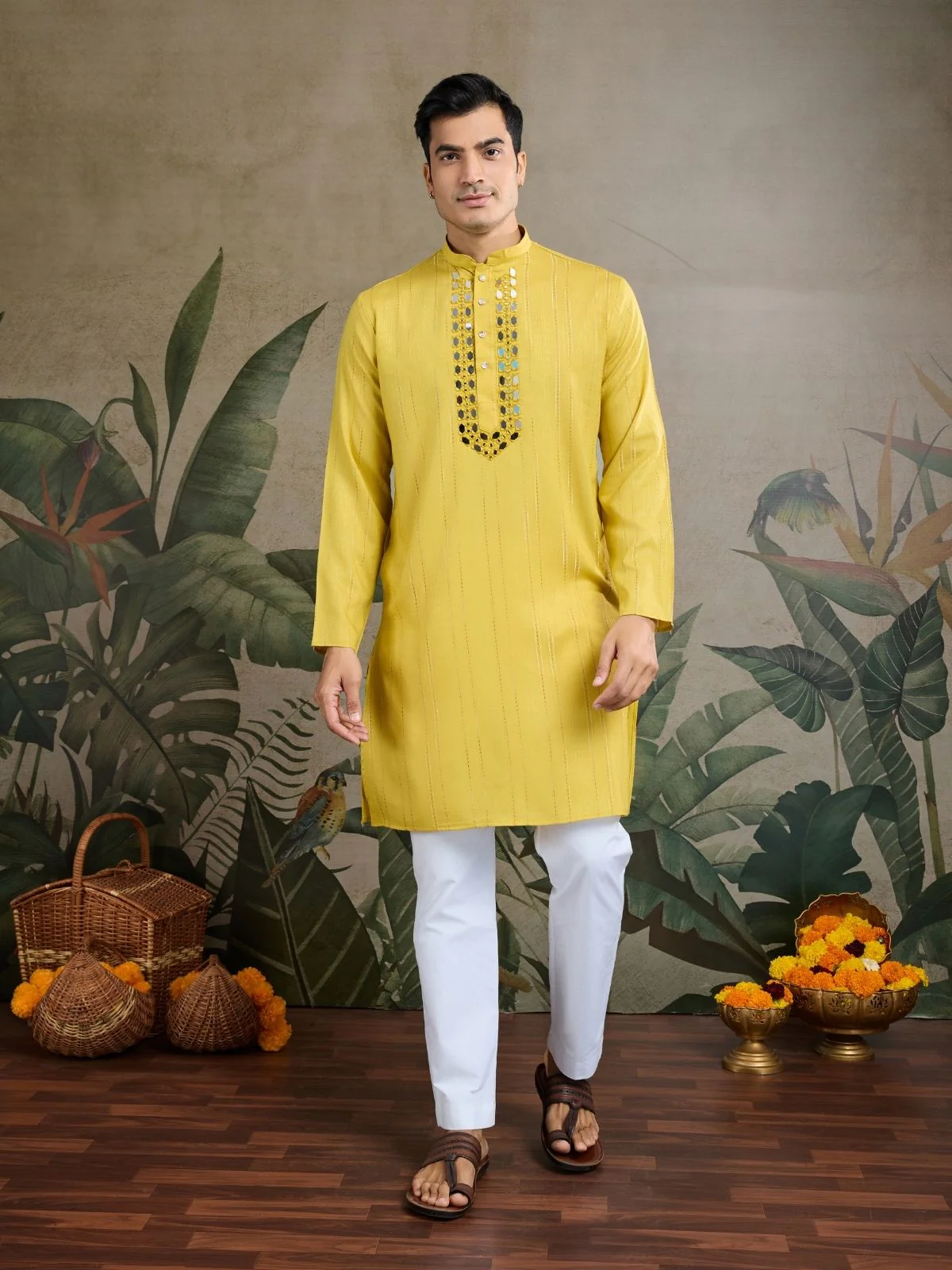 Odette Yellow Viscose Silk Embellished Stitched Kurta For Men - Image 4