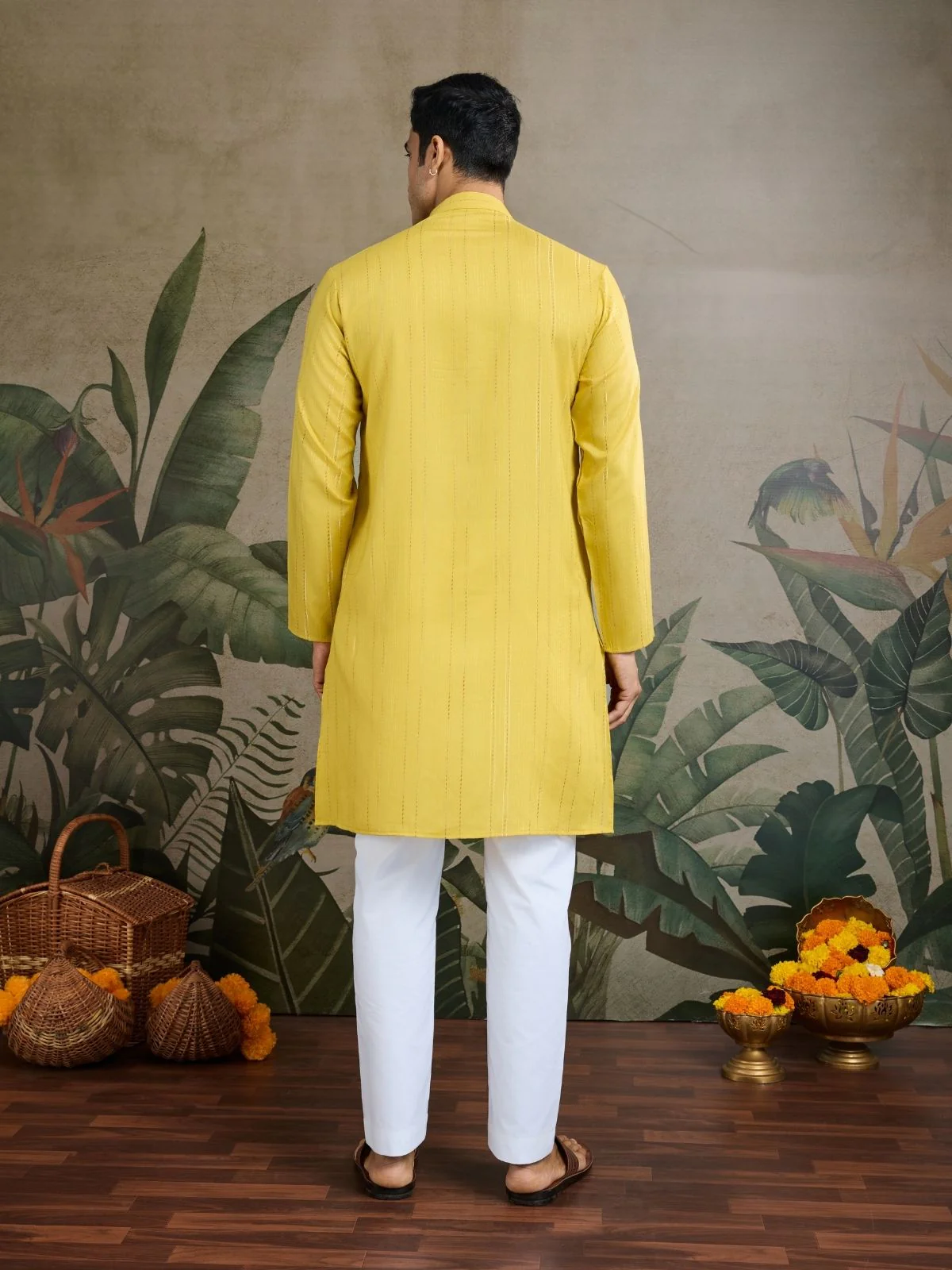 Odette Yellow Viscose Silk Embellished Stitched Kurta For Men - Image 5