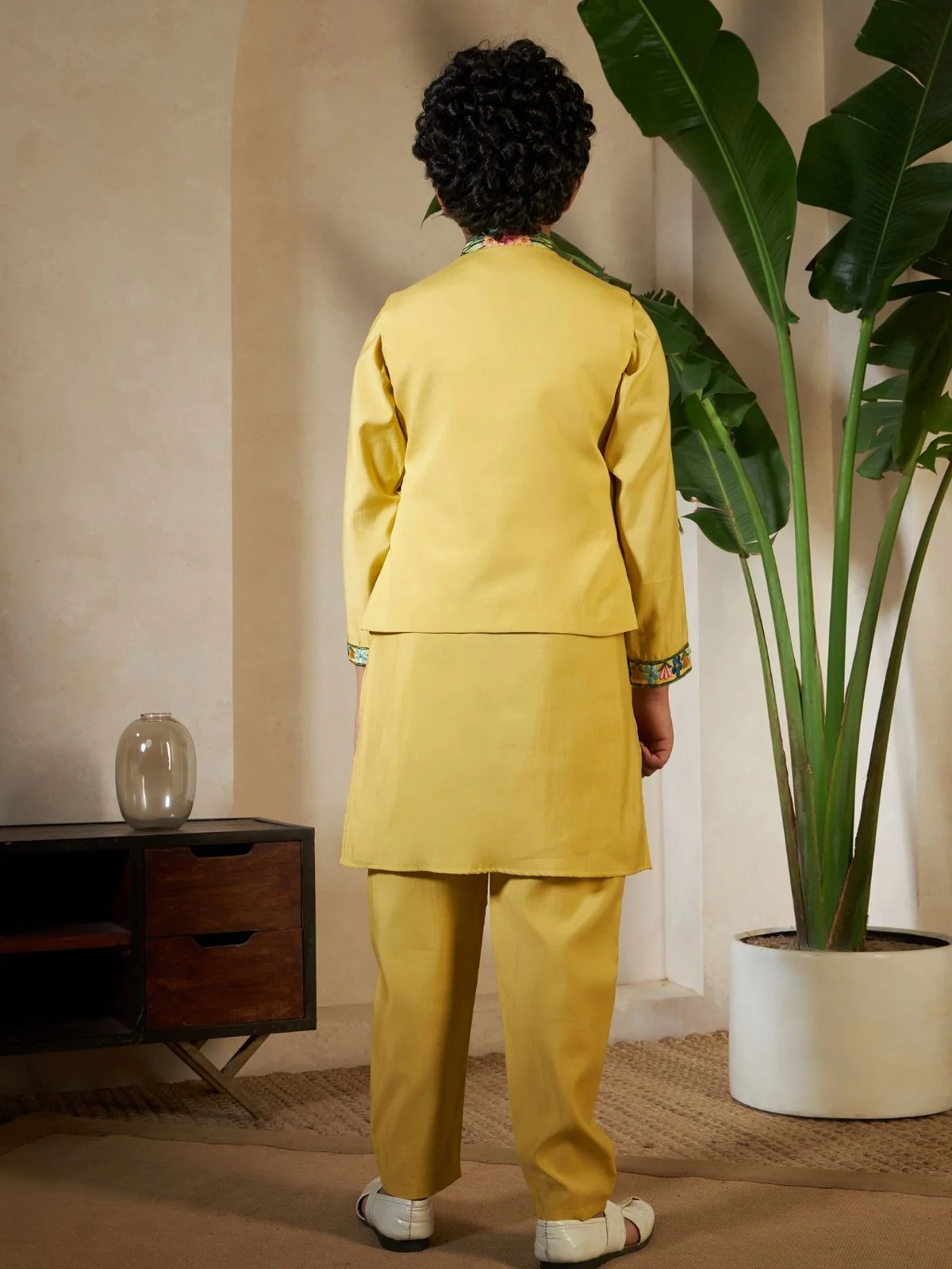Odette Yellow Viscose Silk Embellished Stitched Kurta Set For Kids - Image 4