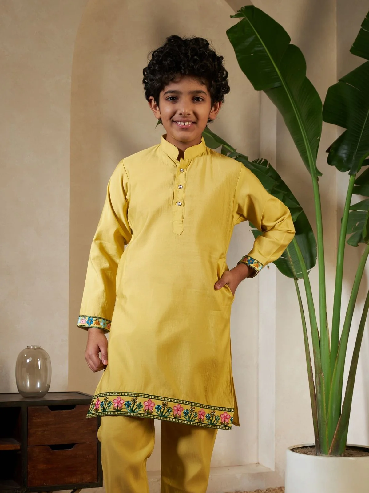Odette Yellow Viscose Silk Embellished Stitched Kurta Set For Kids - Image 5