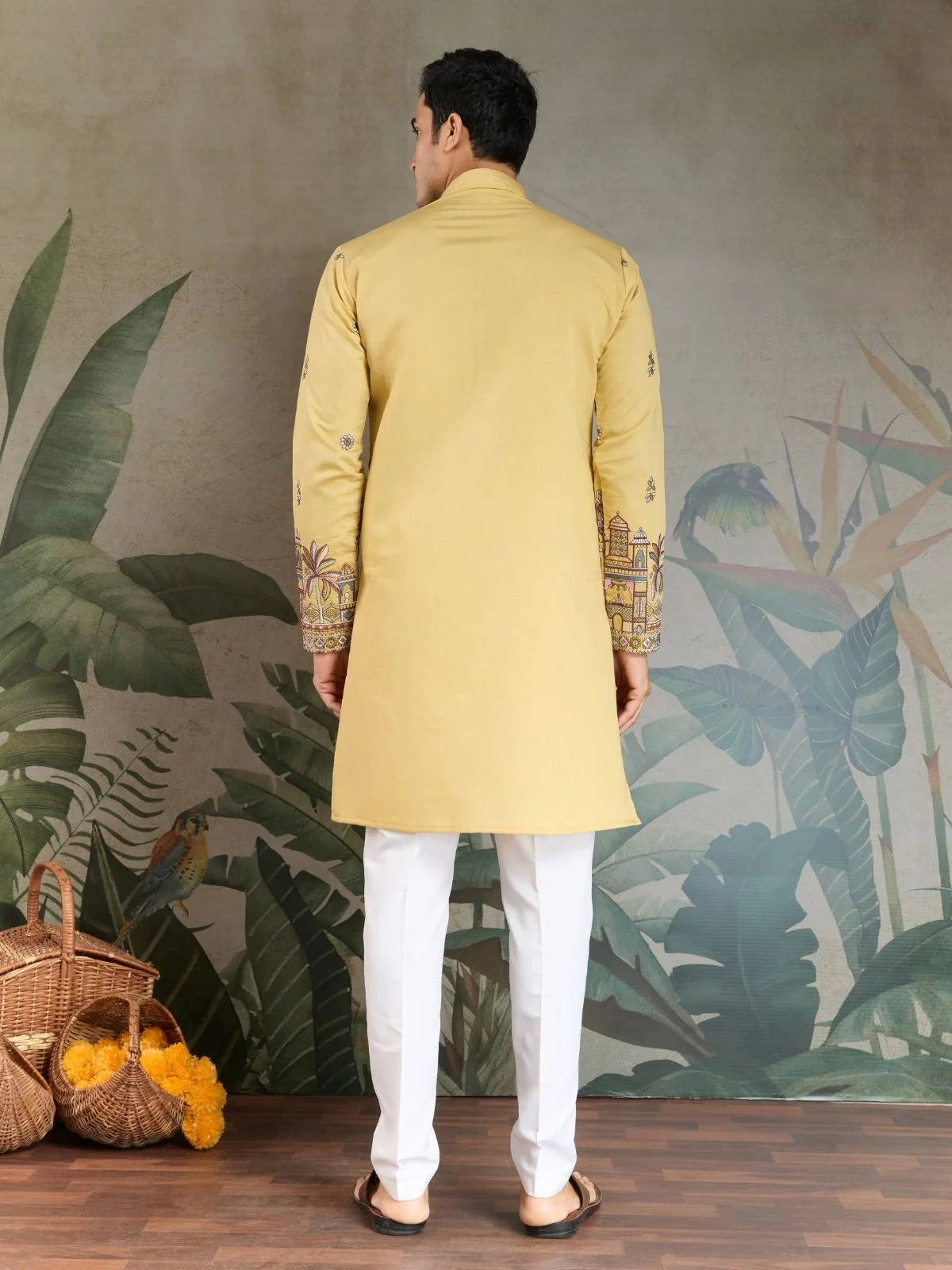 Odette Yellow Viscose Silk Embroidered Stitched Kurta For Men - Image 5