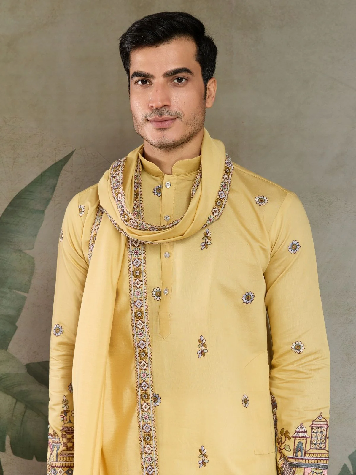 Odette Yellow Viscose Silk Embroidered Stitched Kurta For Men - Image 6