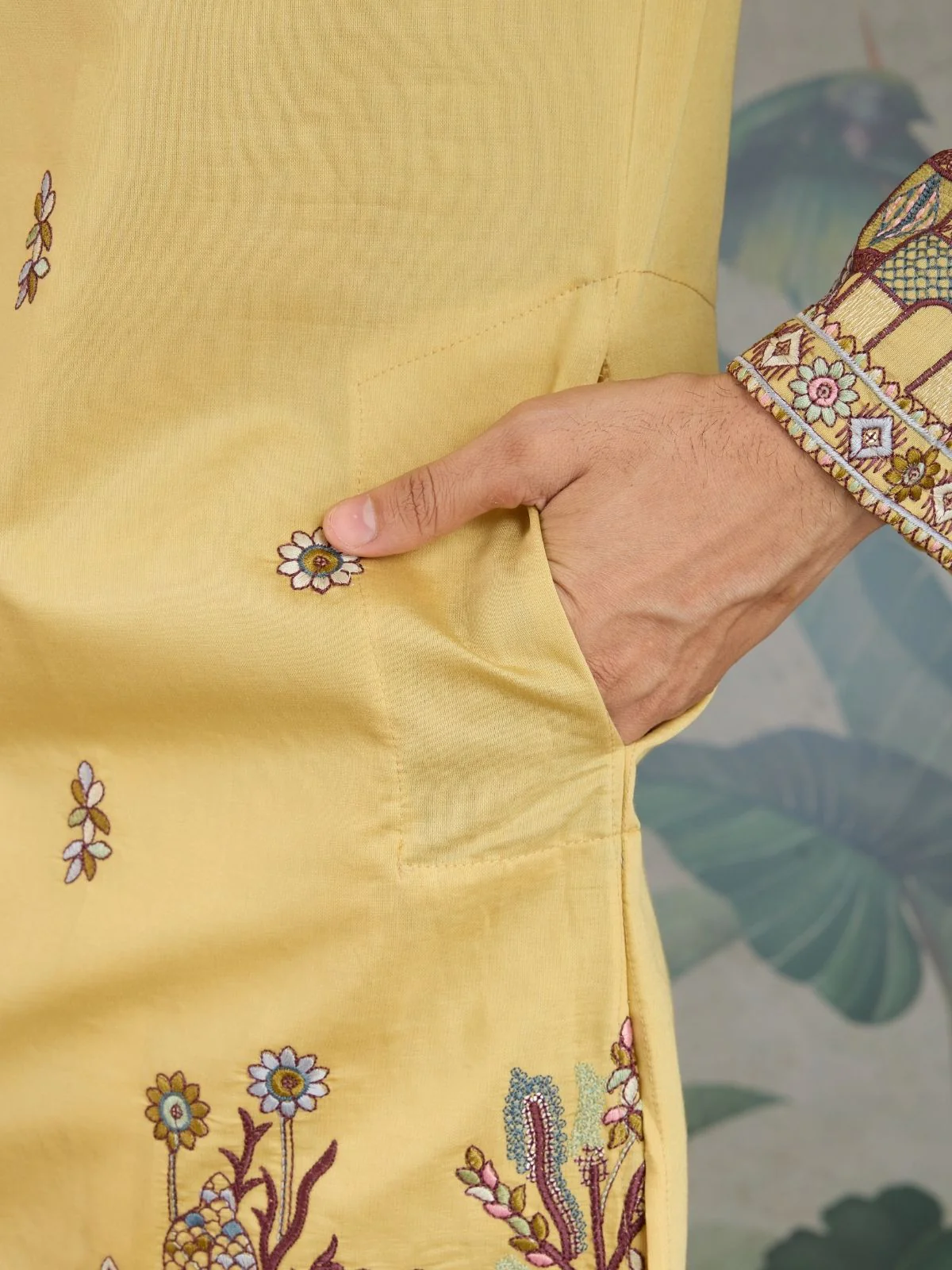 Odette Yellow Viscose Silk Embroidered Stitched Kurta For Men - Image 8