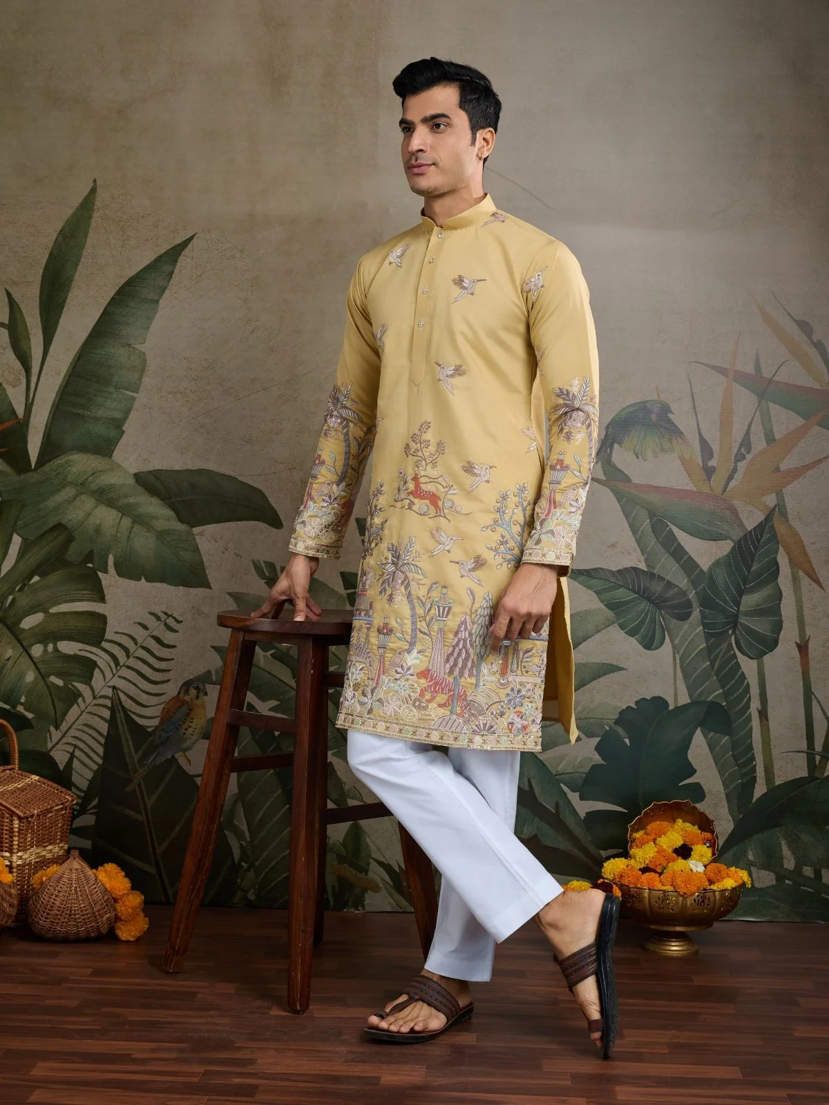 Odette Yellow Viscose Silk Embroidered Stitched Kurta For Men