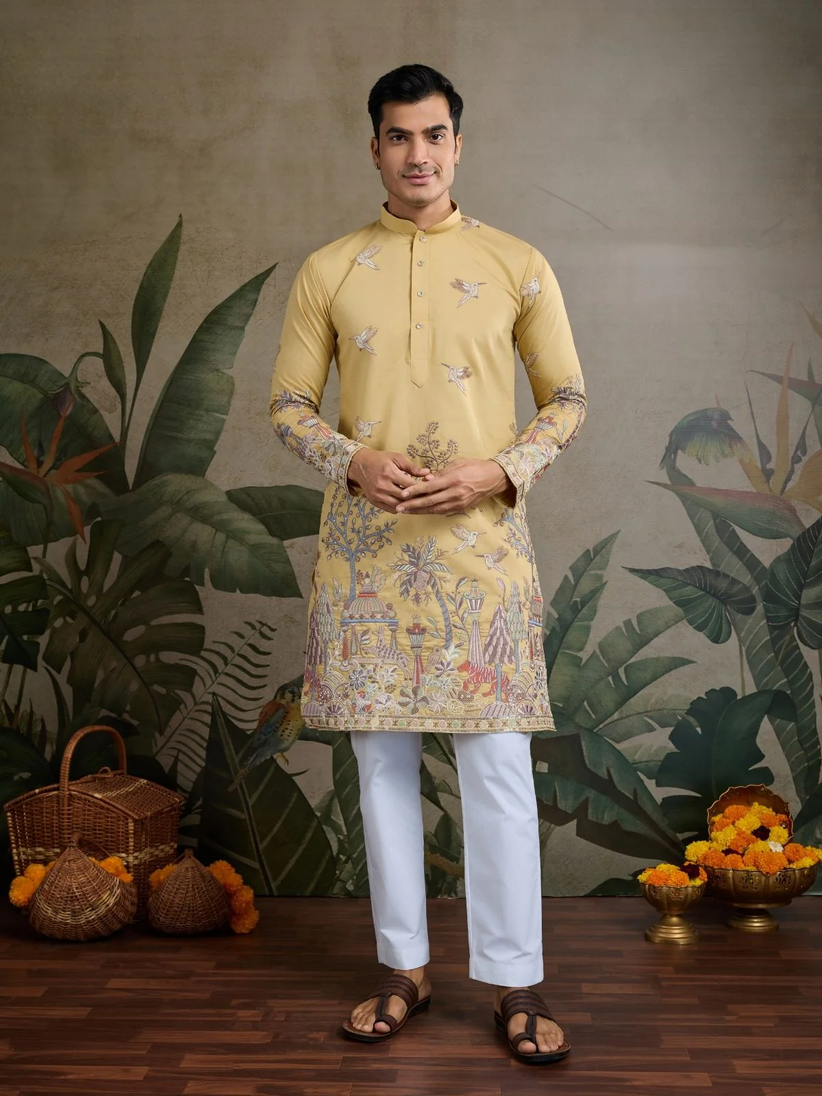 Odette Yellow Viscose Silk Embroidered Stitched Kurta For Men - Image 2