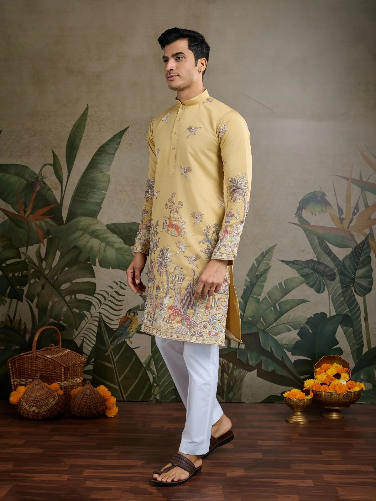 Odette Yellow Viscose Silk Embroidered Stitched Kurta For Men - Image 3
