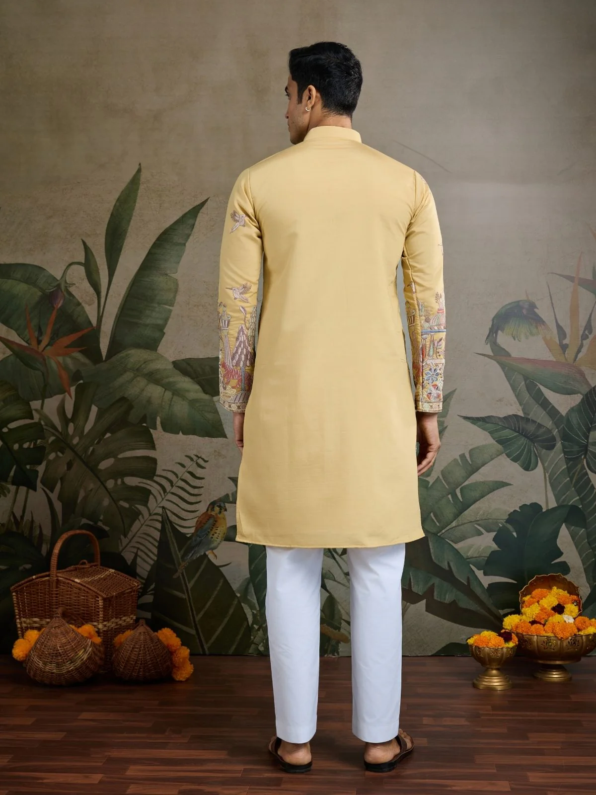 Odette Yellow Viscose Silk Embroidered Stitched Kurta For Men - Image 4