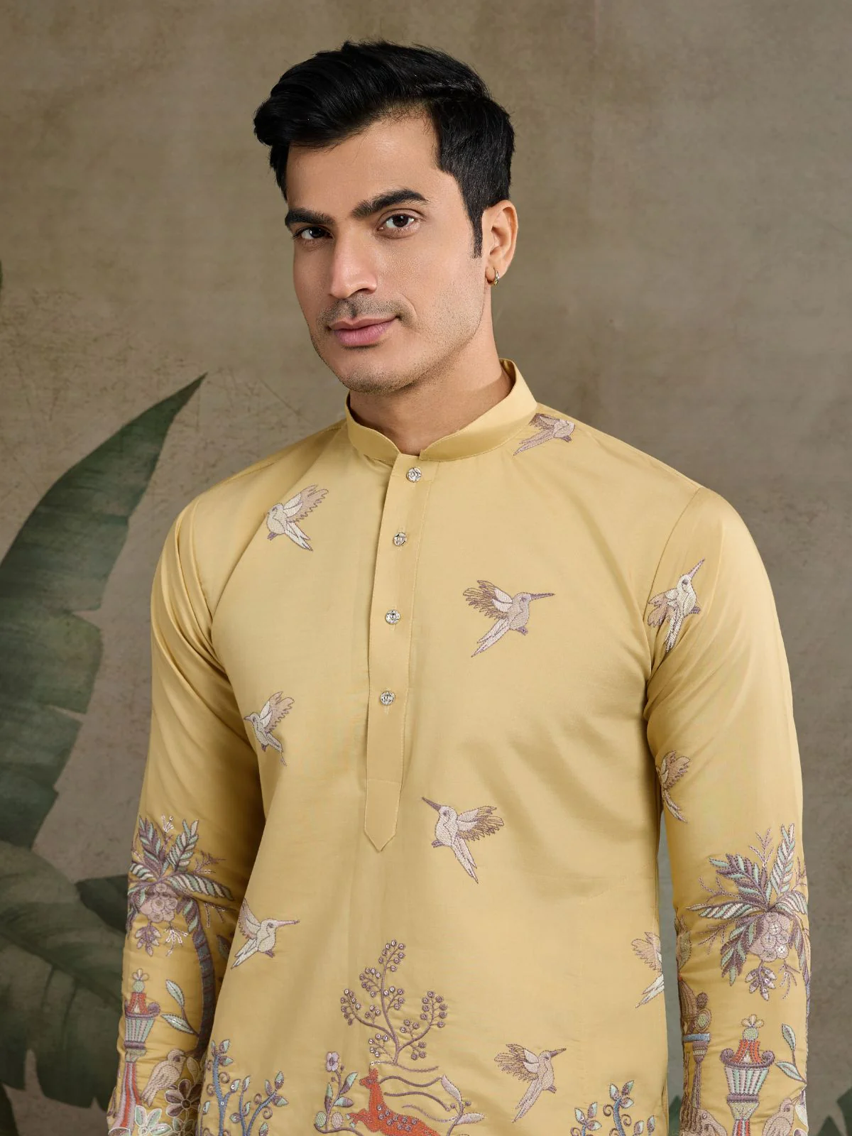 Odette Yellow Viscose Silk Embroidered Stitched Kurta For Men - Image 5
