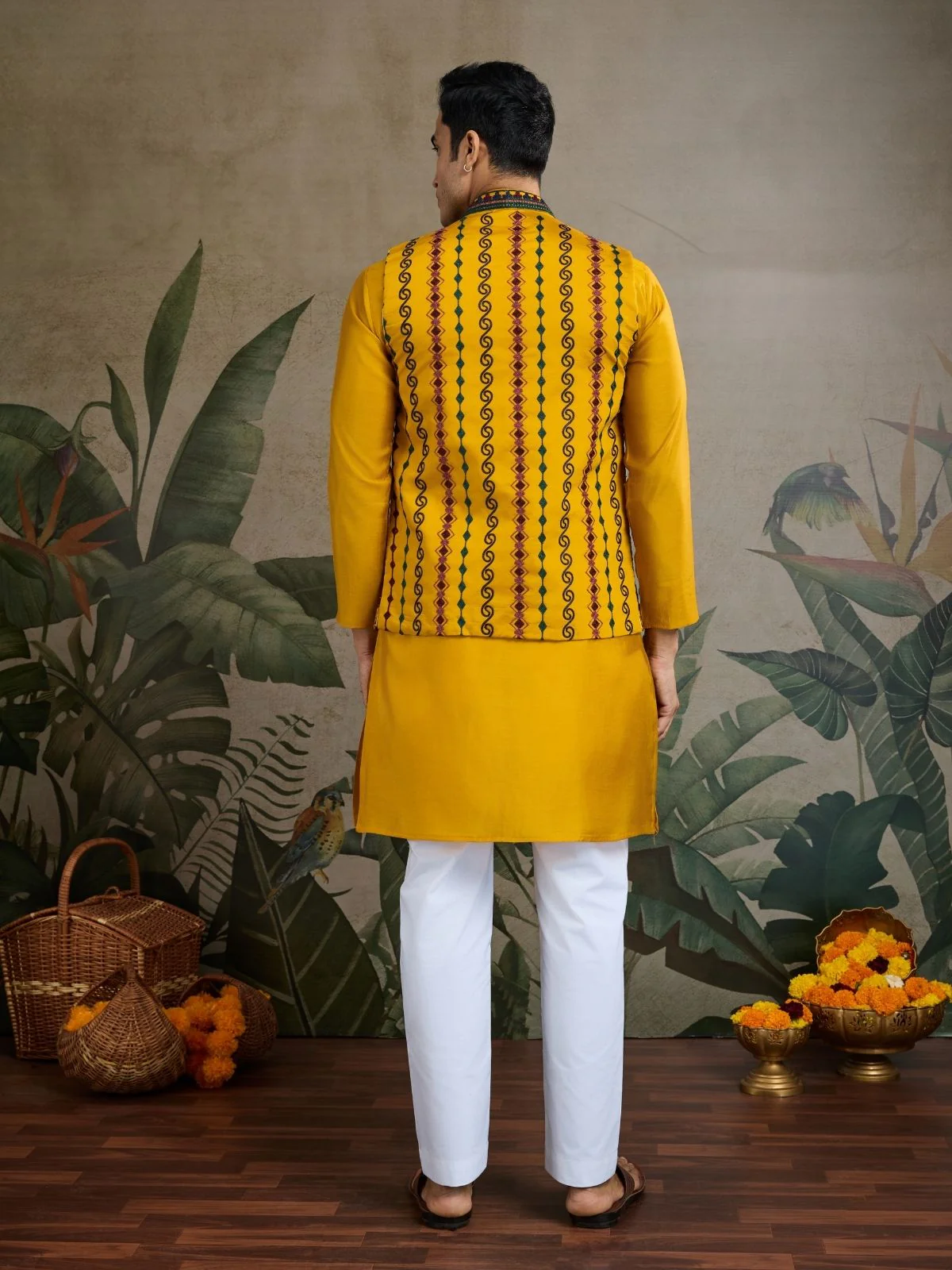 Odette Yellow Viscose Silk Embroidered Stitched Kurta For Men - Image 3