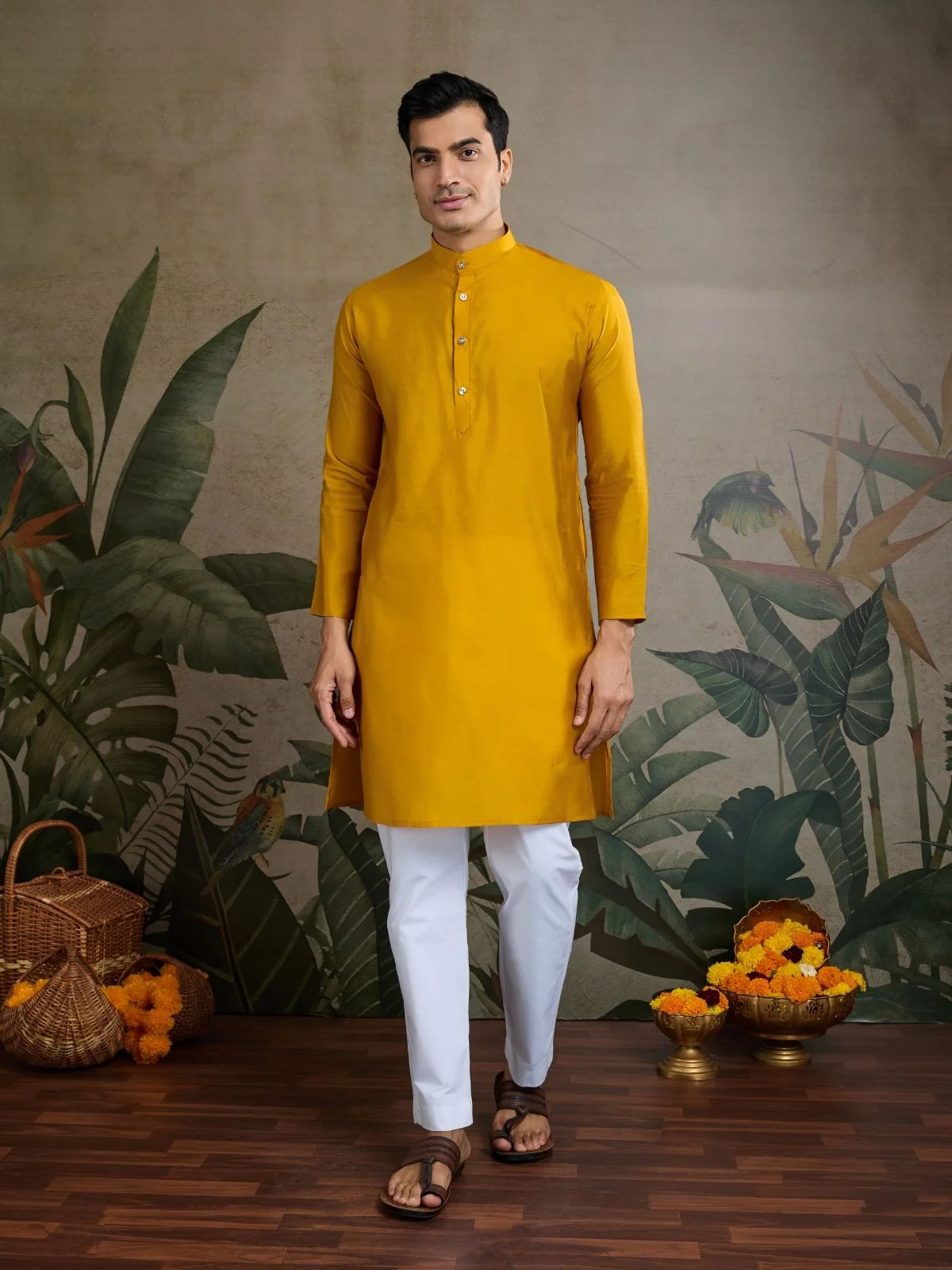 Odette Yellow Viscose Silk Embroidered Stitched Kurta For Men - Image 4