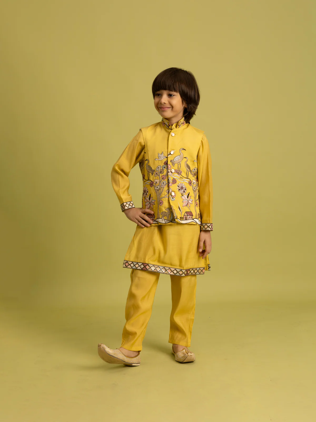 Odette Yellow Viscose Silk Embroidered Stitched Kurta Set For Kids - Image 2