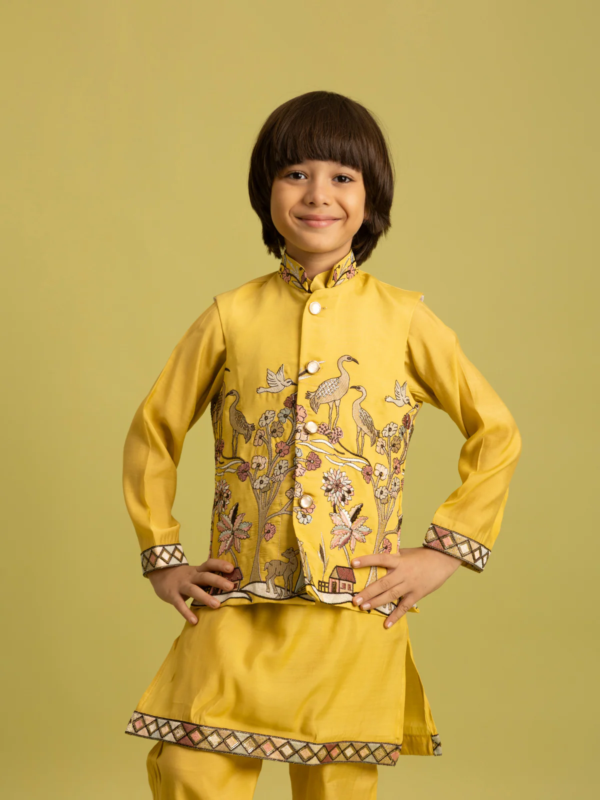 Odette Yellow Viscose Silk Embroidered Stitched Kurta Set For Kids - Image 5
