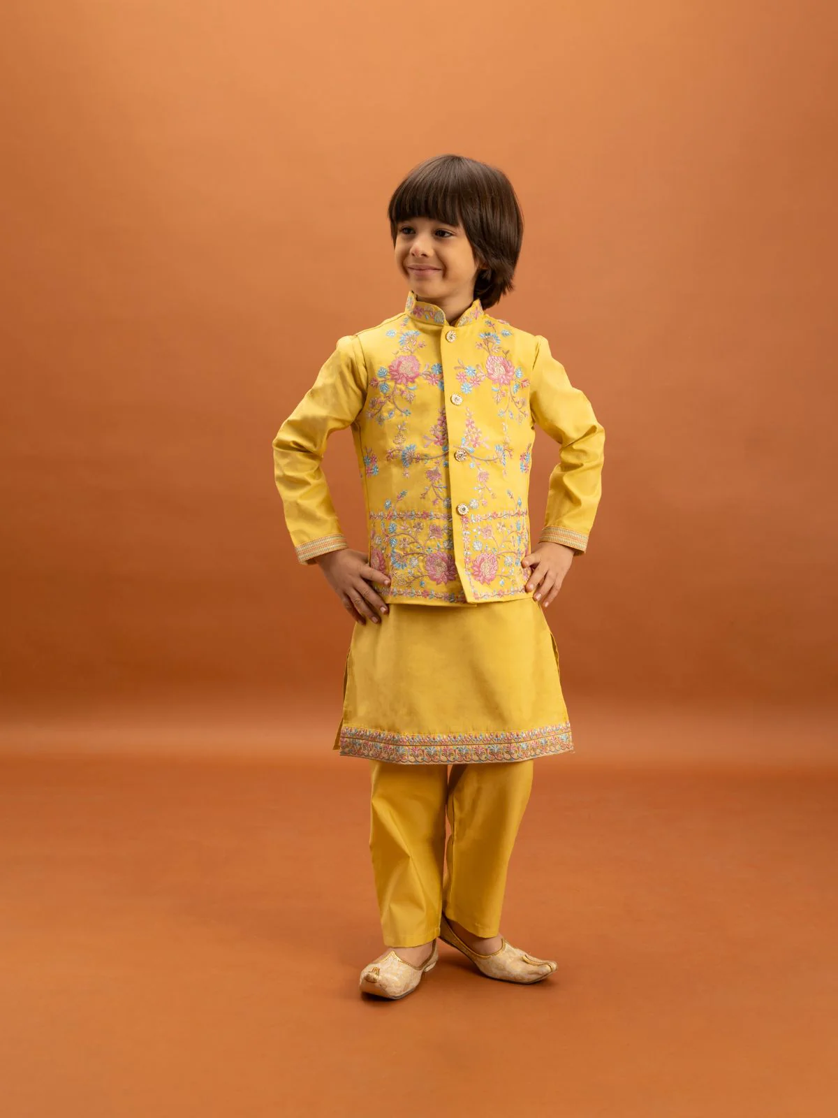 Odette Yellow Viscose Silk Embroidered Stitched Kurta Set For Kids - Image 3
