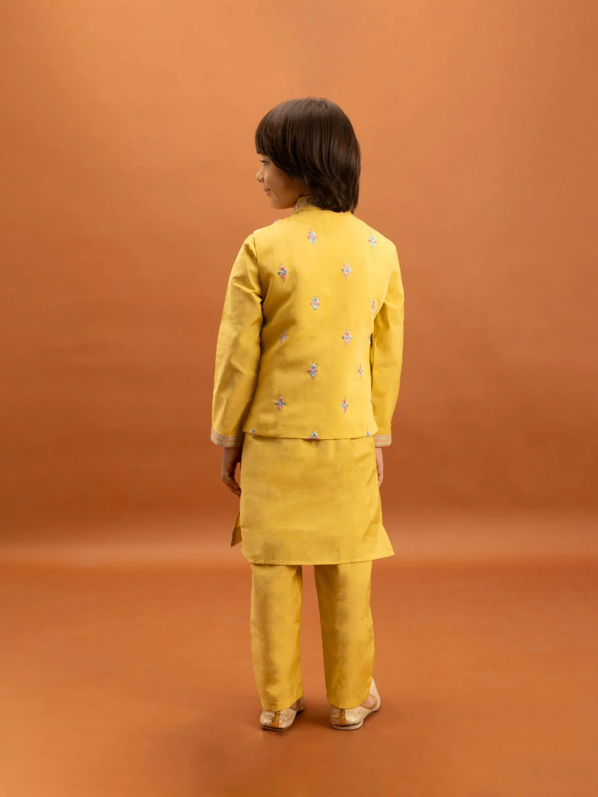 Odette Yellow Viscose Silk Embroidered Stitched Kurta Set For Kids - Image 5