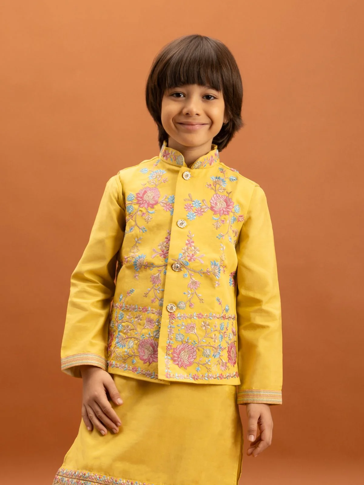 Odette Yellow Viscose Silk Embroidered Stitched Kurta Set For Kids - Image 6