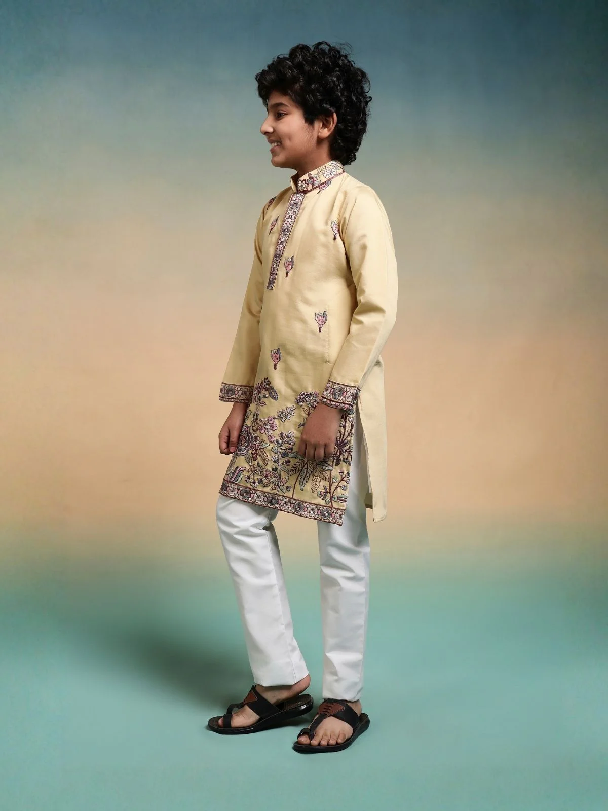 Odette Yellow Viscose Silk Embroidered Stitched Kurta Set For Kids - Image 2