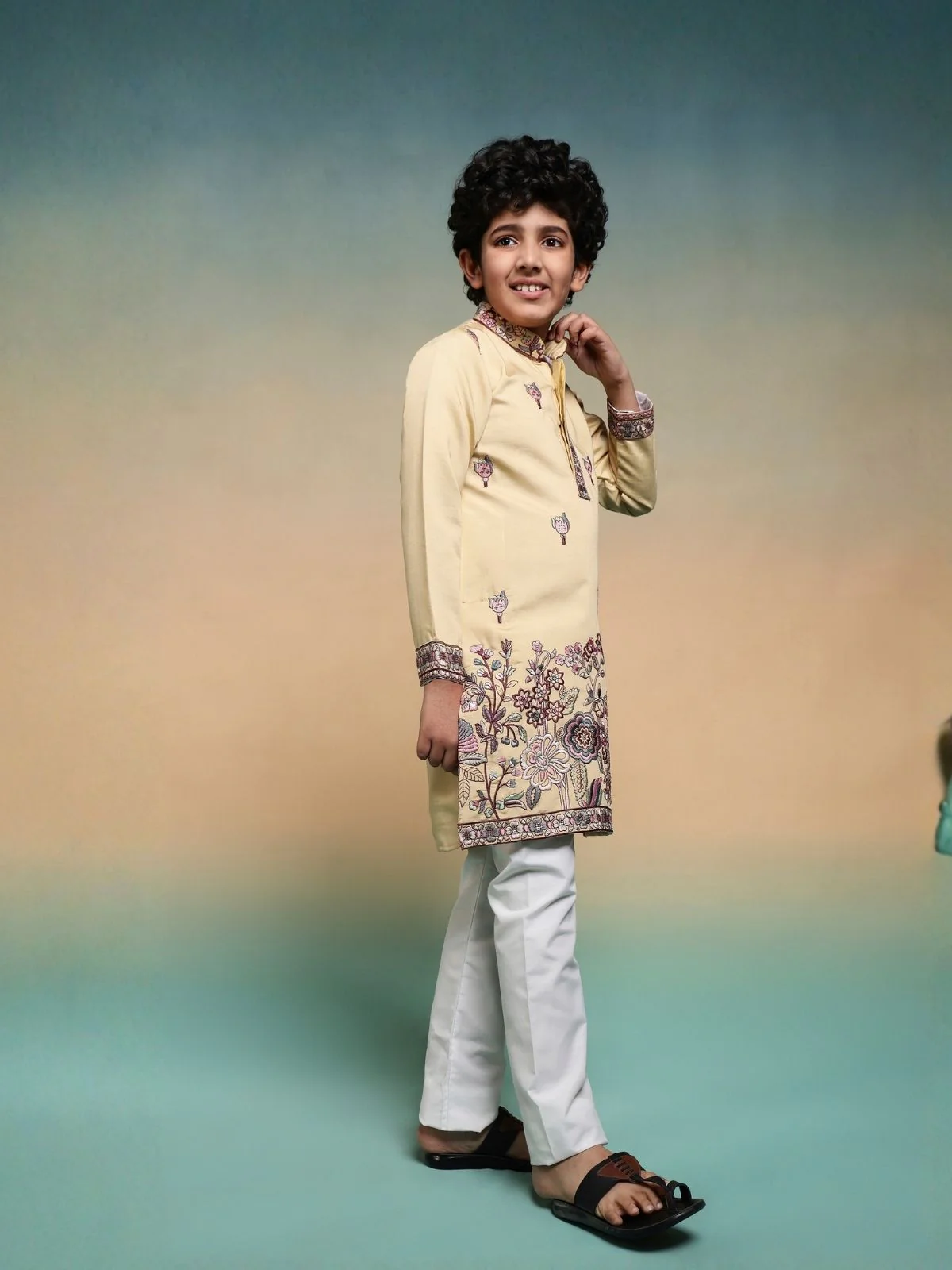 Odette Yellow Viscose Silk Embroidered Stitched Kurta Set For Kids - Image 3