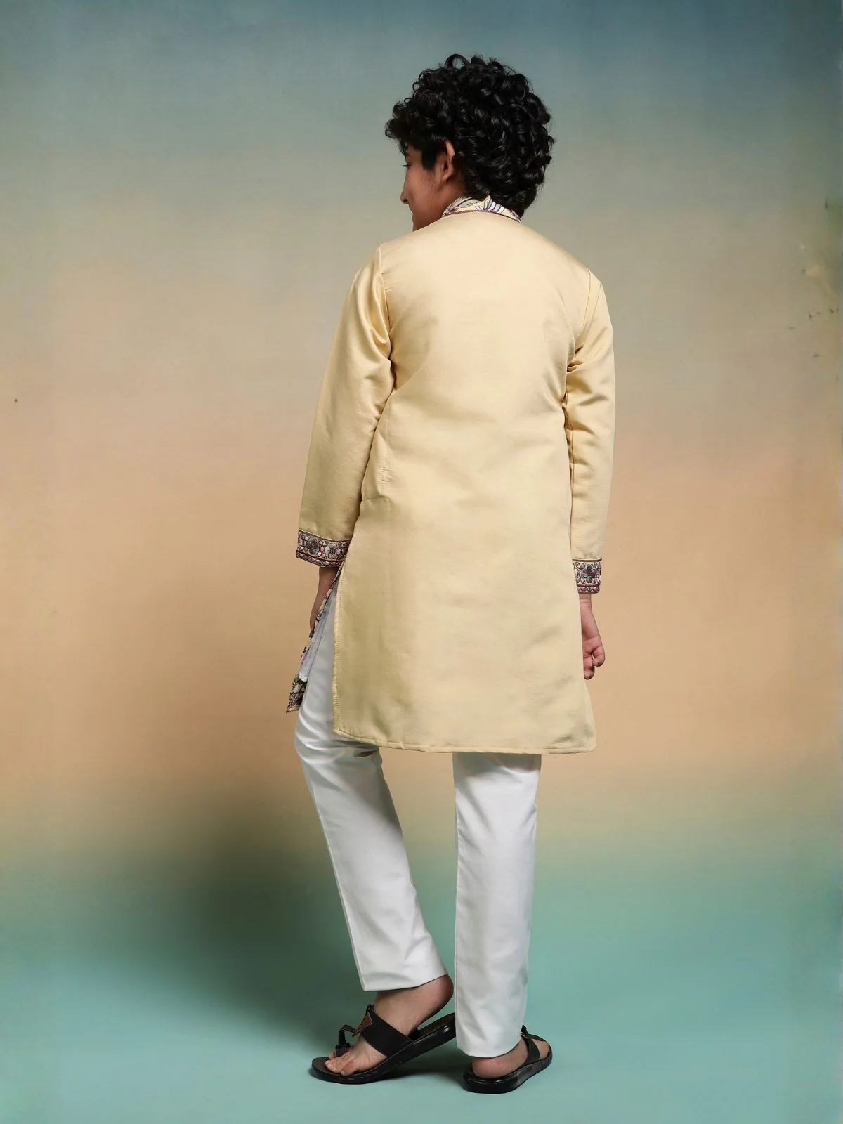 Odette Yellow Viscose Silk Embroidered Stitched Kurta Set For Kids - Image 4