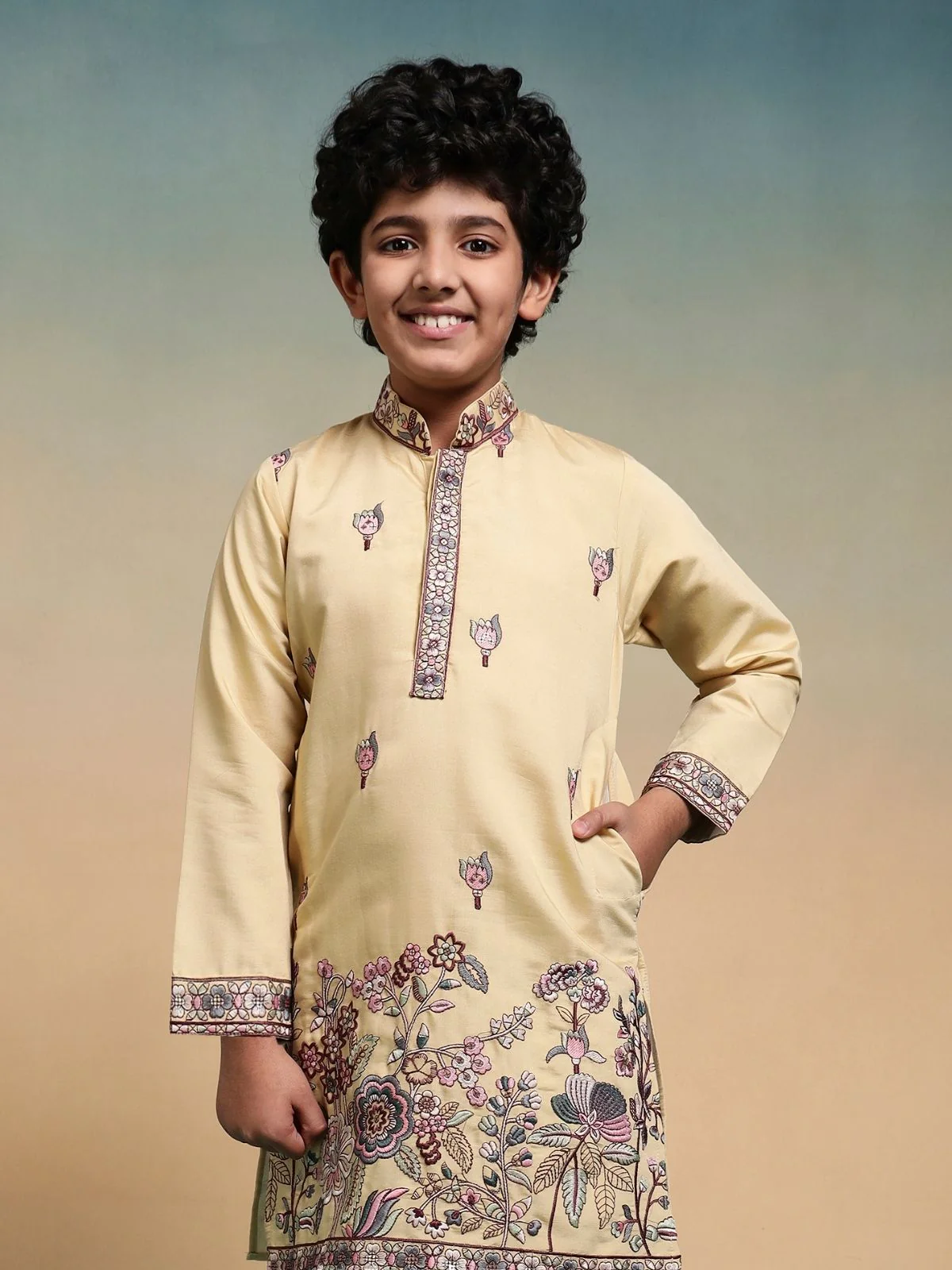 Odette Yellow Viscose Silk Embroidered Stitched Kurta Set For Kids - Image 5